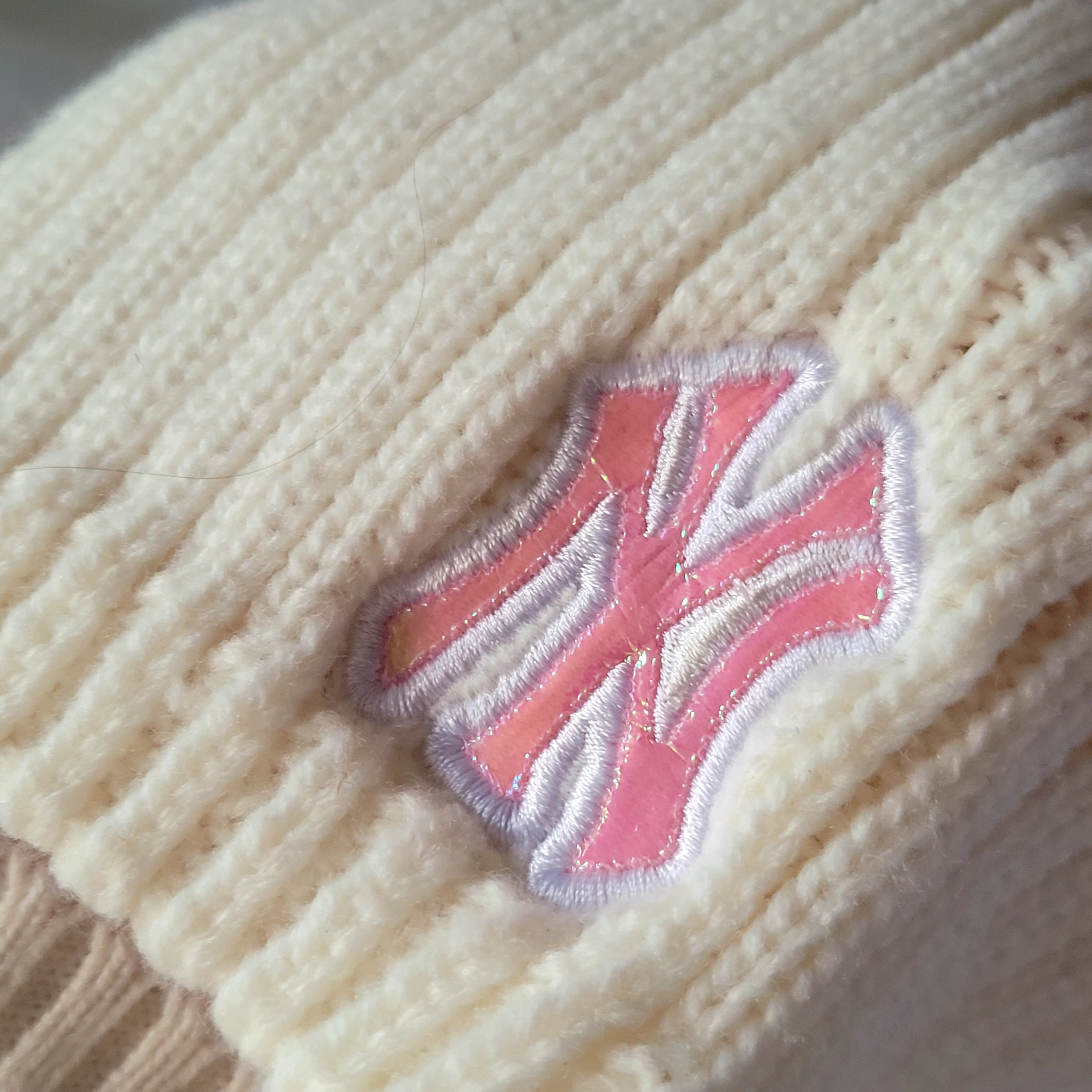 New Era Beanie - Cream Knit Hat with Reflective Multicolor NY Logo - 100% Acrylic, Size 54cm - USASTARFASHION