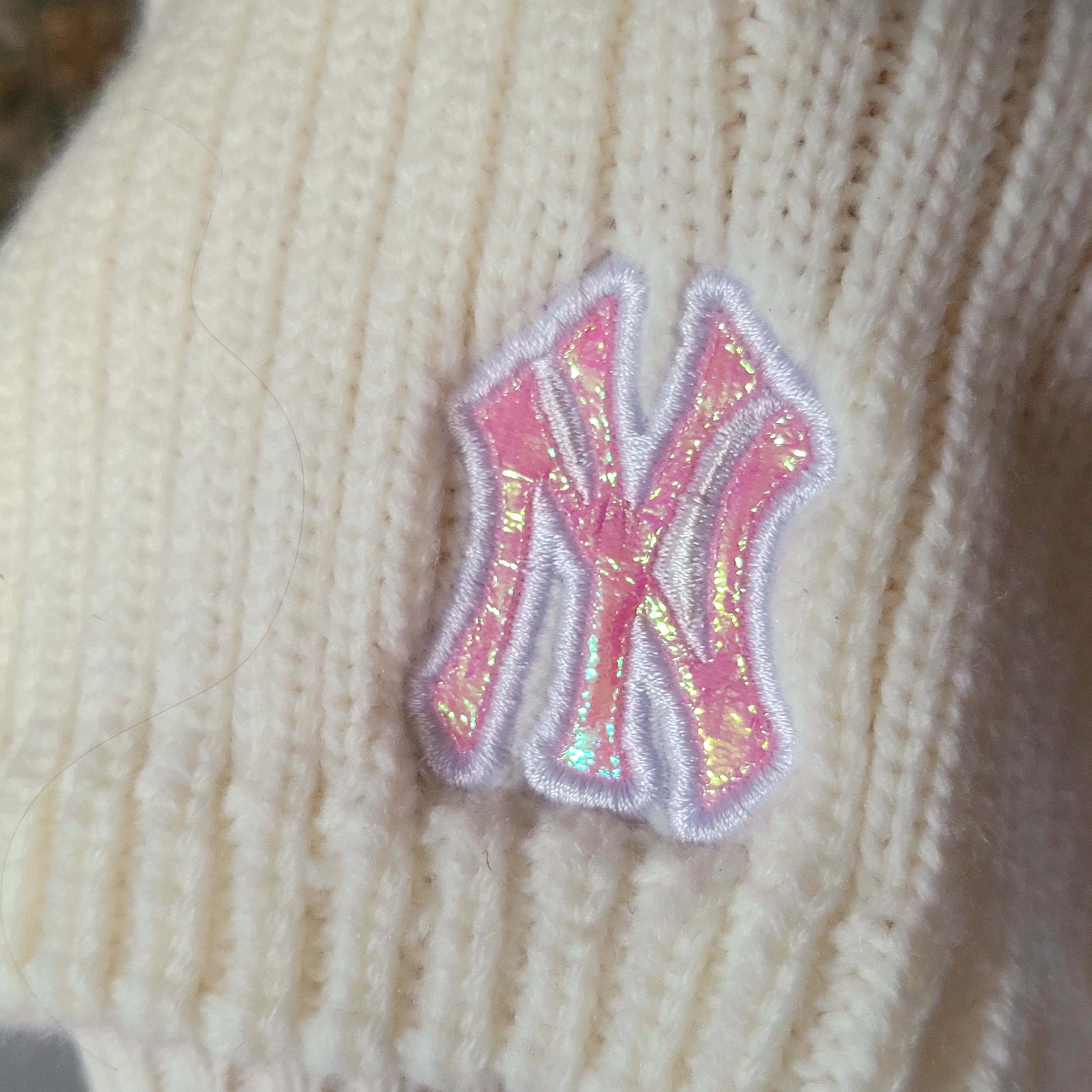 New Era Beanie - Cream Knit Hat with Reflective Multicolor NY Logo - 100% Acrylic, Size 54cm - USASTARFASHION
