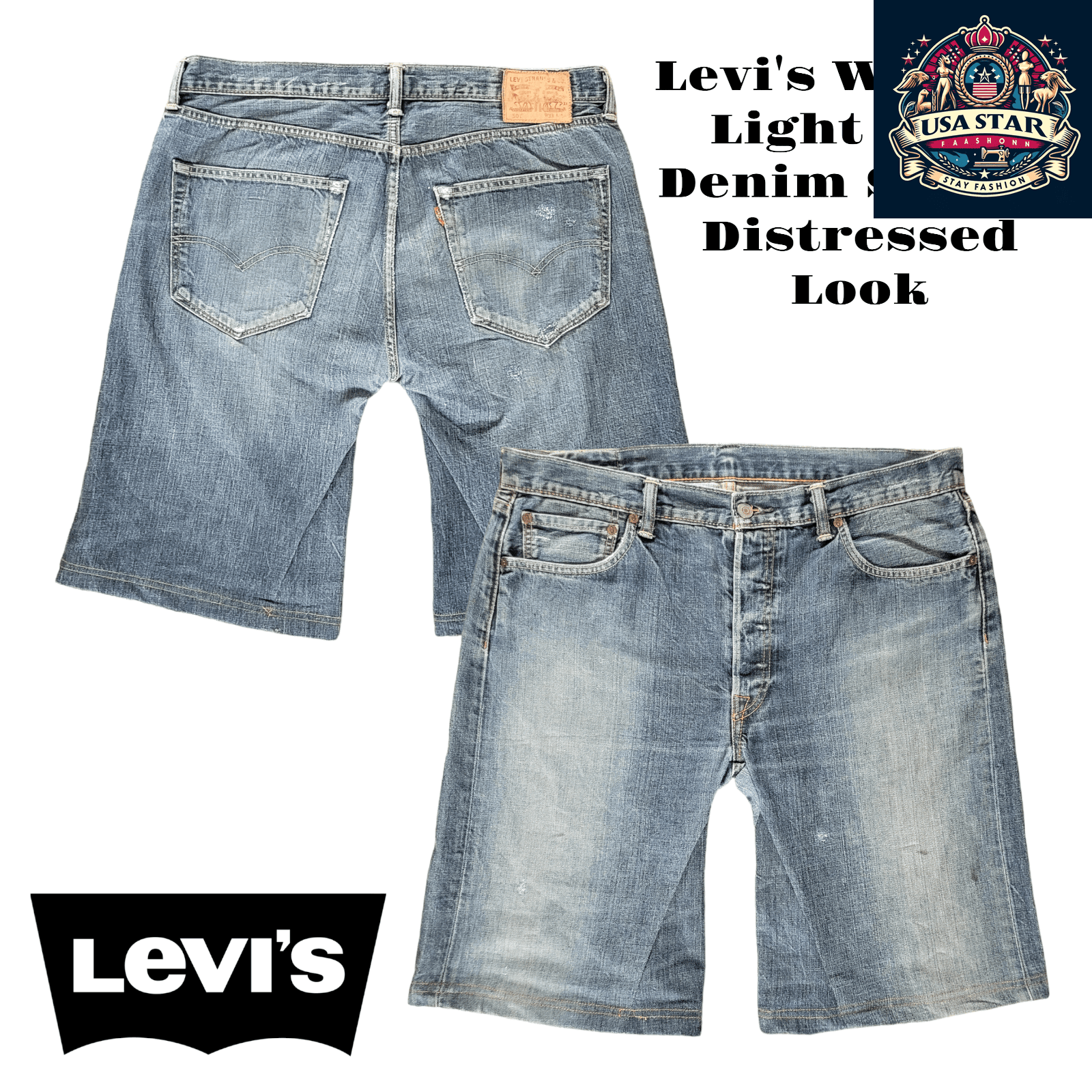 Levi's Denim Shorts W36 L34 Light Blue Distressed Style - Vintage Summer Essential for Men - USASTARFASHION