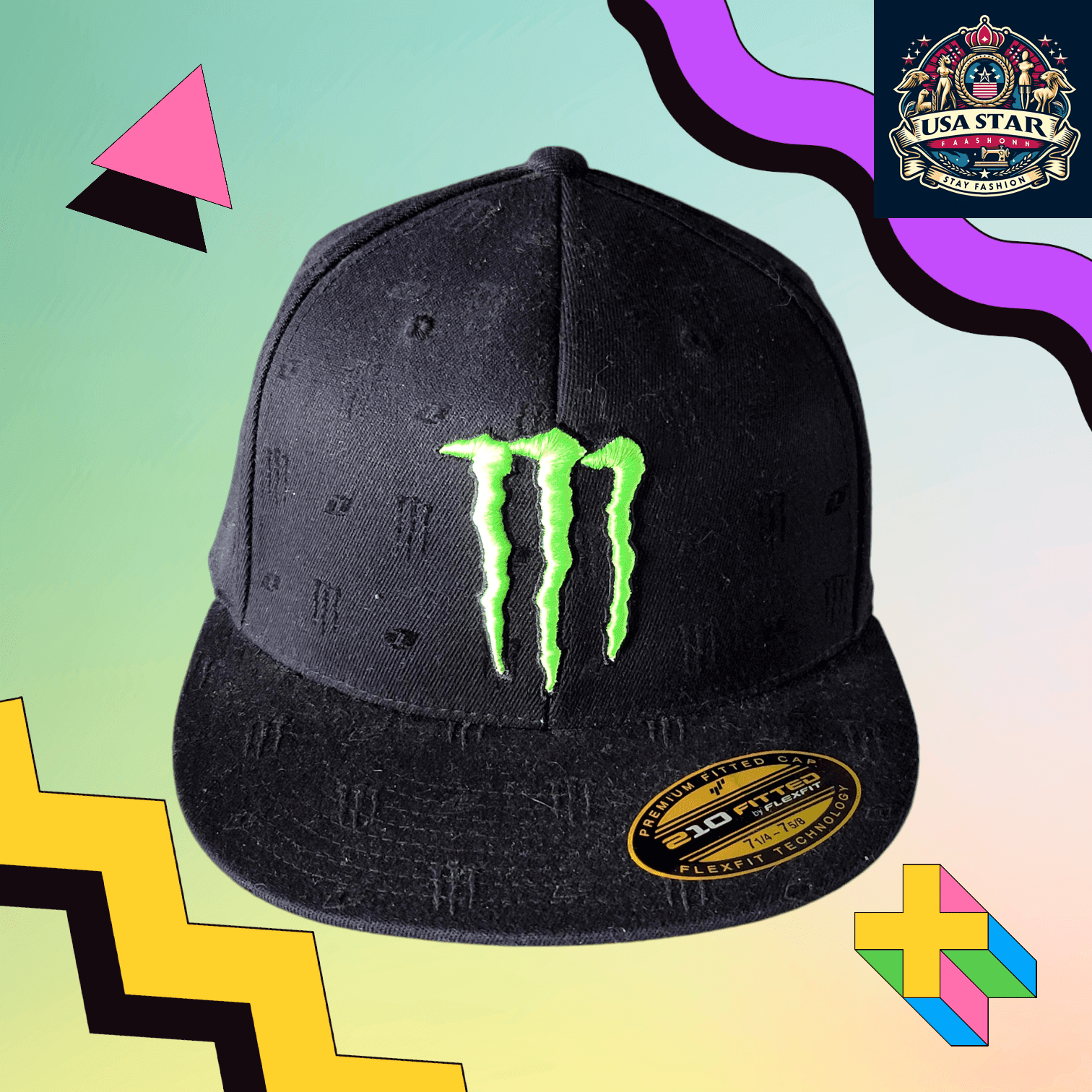 Monster Energy Flexfit Hat 210 Fitted - Comfortable Breathable Fabric, Size 7 1/4-7 5/8 - USASTARFASHION