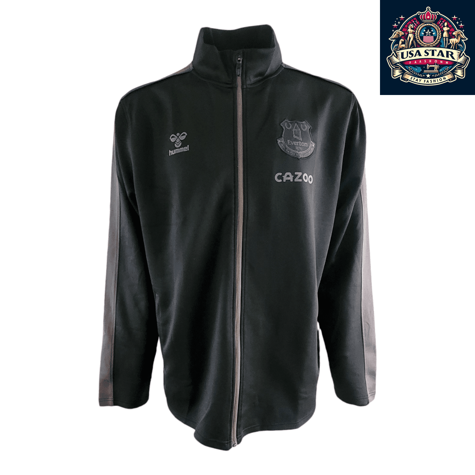 Everton FC Jacket Hummel Men's Full Zip Track Jacket XXL Black/Gray - Breathable, Zippered Pockets - USASTARFASHION