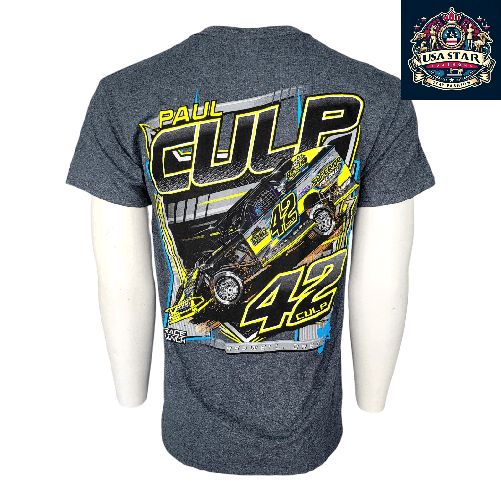 Paul Culp Racing T-Shirt 42 Graphic Tee in Dark Gray, Gildan Fabric, Casual Motorsports Wear, Medium - USASTARFASHION