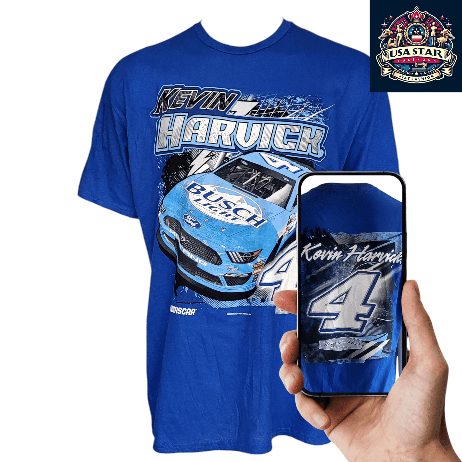 Kevin Harvick T-Shirt XL - Comfortable 100% Cotton, Vibrant Busch Light Graphics, Stewart - Haas Racing - USASTARFASHION