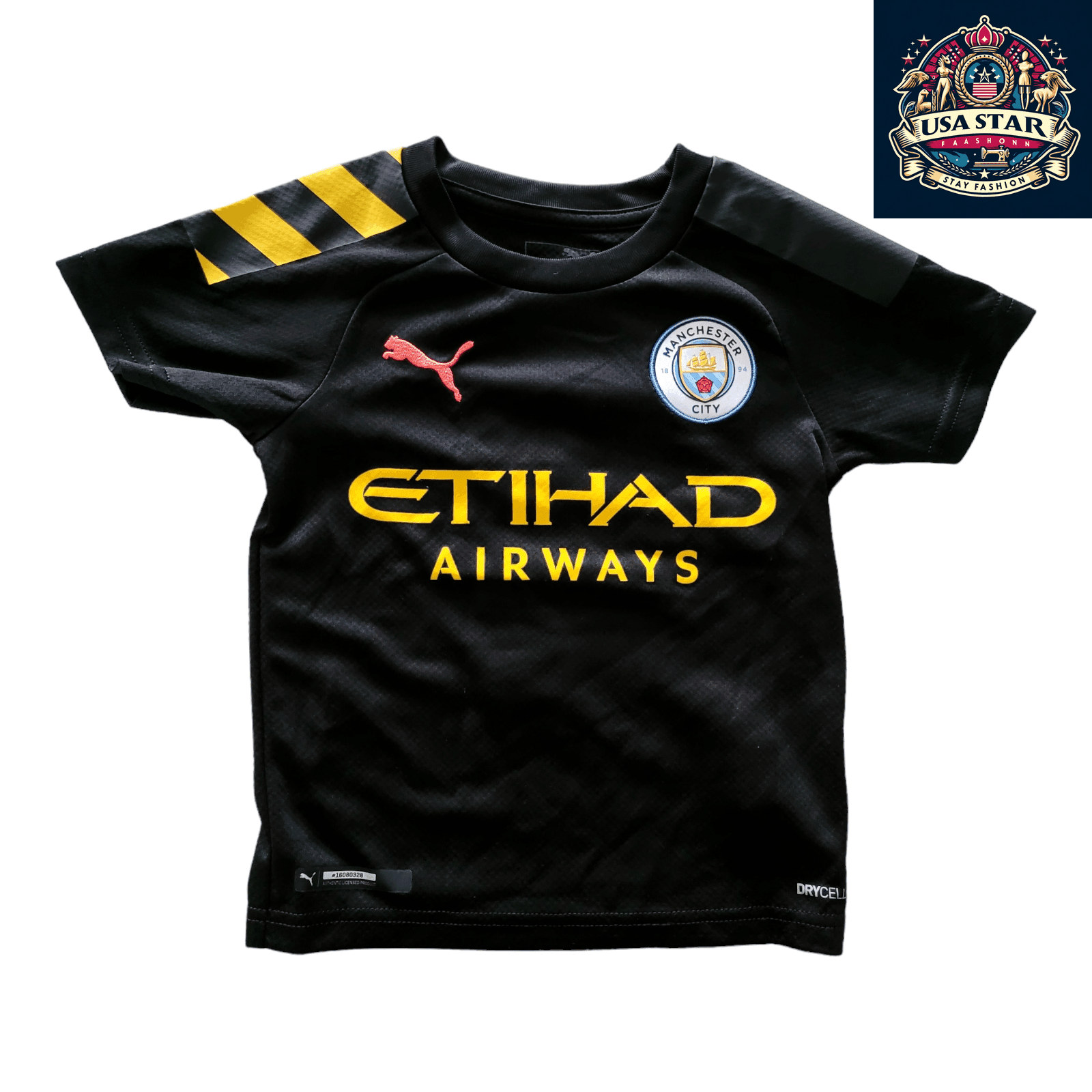 Manchester City Youth Soccer Jersey 3T by Puma in Black with Custom Leo 1 Personalization - USASTARFASHION