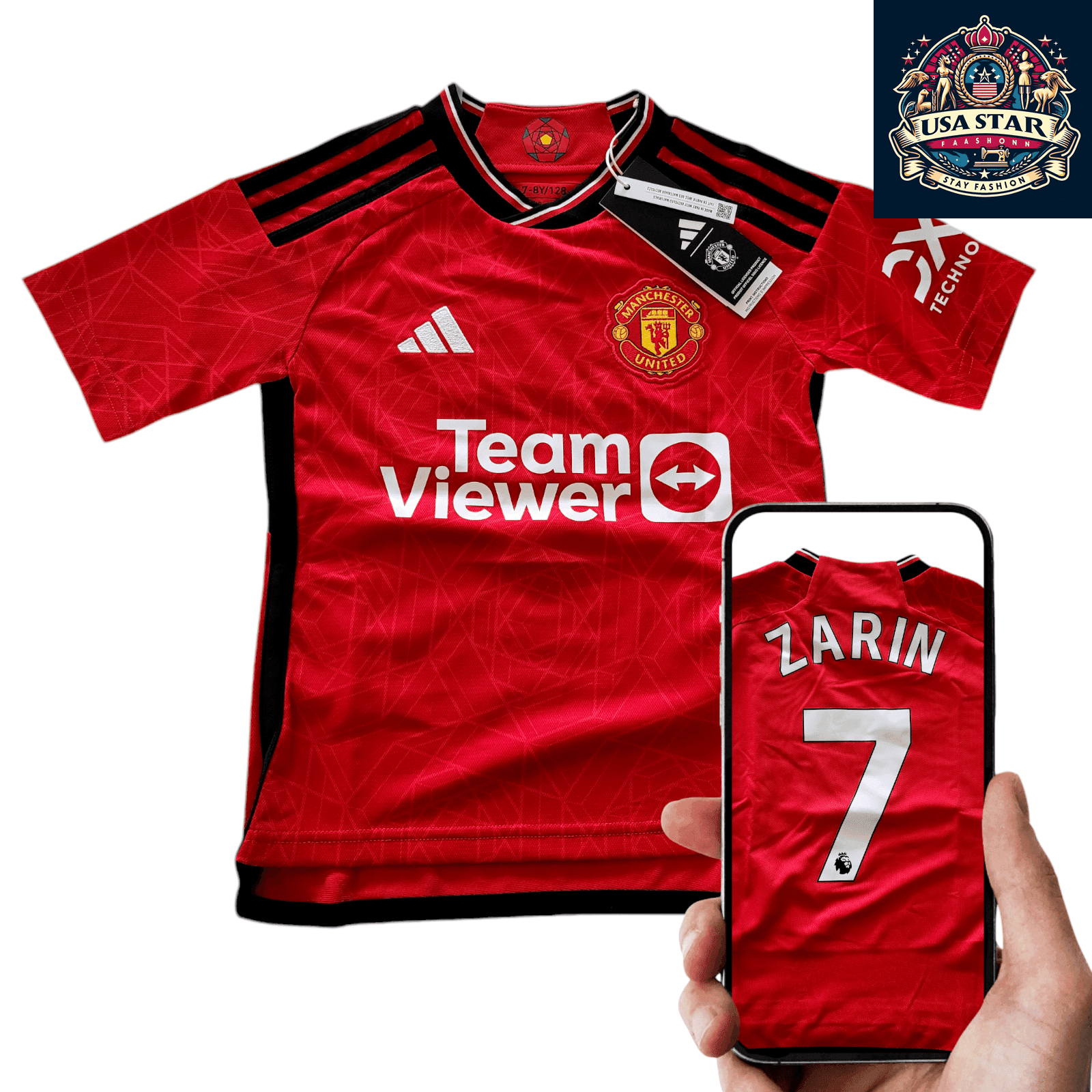 Manchester United Youth Jersey 2023 - 2024 Home Size 7 - 8Y with AEROREADY Technology, Model Zarin 7 - USASTARFASHION