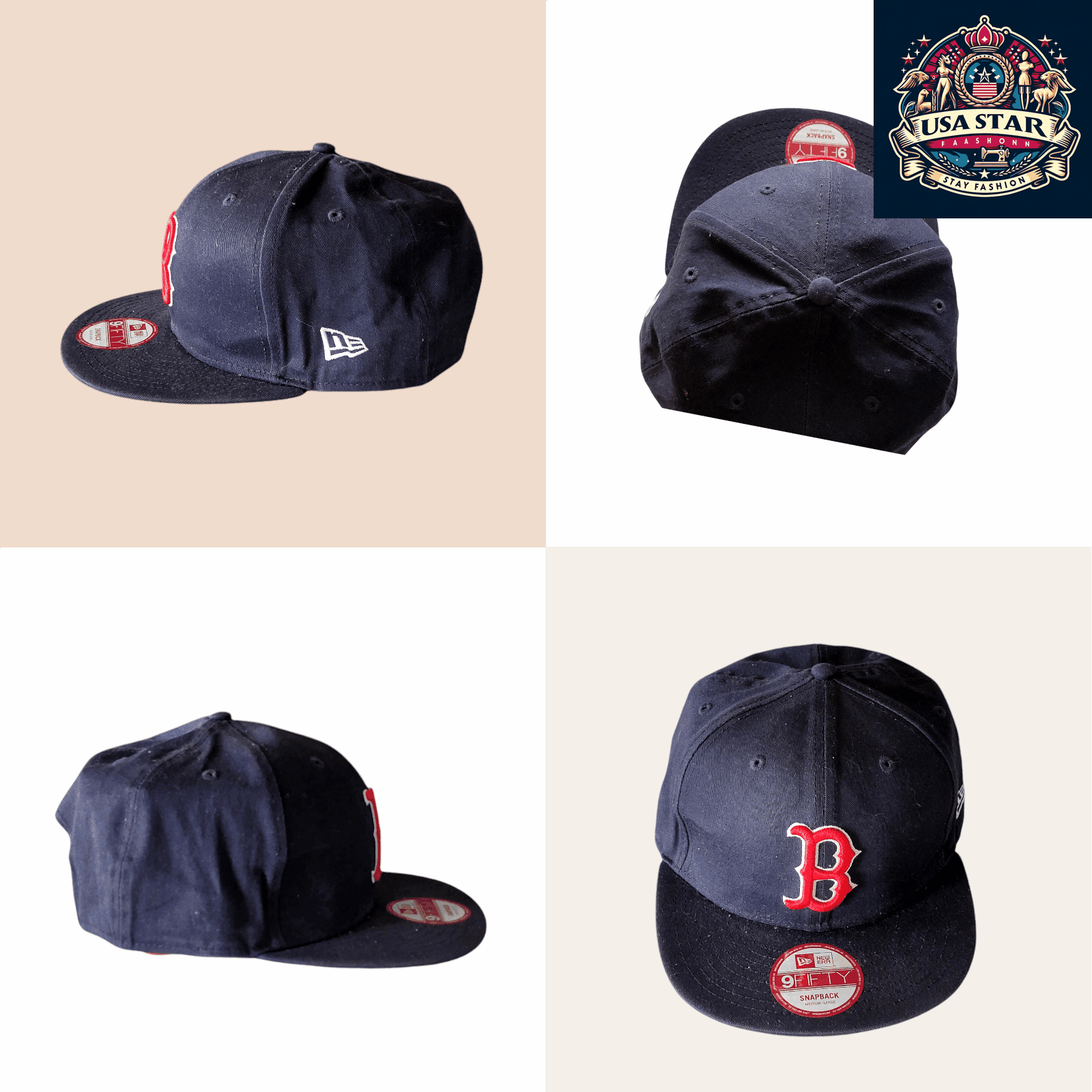 Boston Red Sox Snapback Hat - New Era 9FIFTY - Navy/Red - Adjustable, Durable, Medium - Large - USASTARFASHION