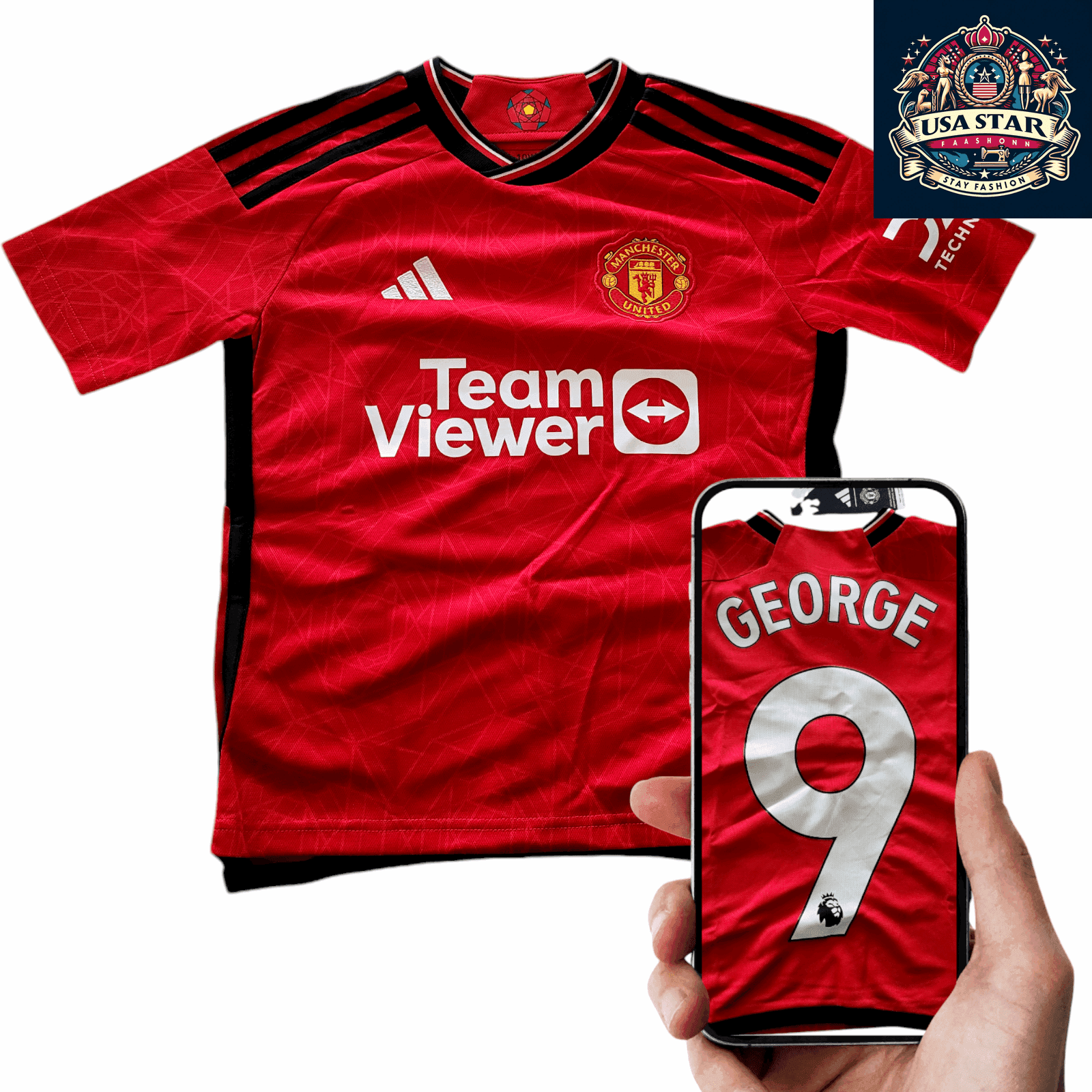 Adidas Manchester United Youth Jersey 2023/24 George 9 Size 9 - 10 Years Red Football Shirt - USASTARFASHION