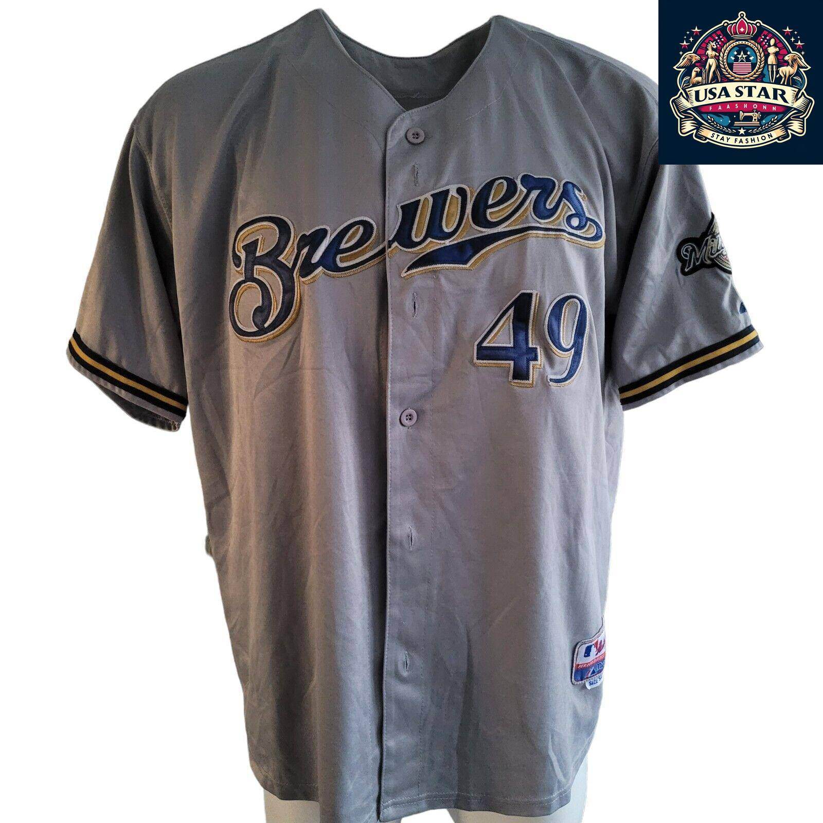 Majestic 49 Yovani Gallardo Jersey - Milwaukee Brewers Authentic Fan Apparel Size 54 Grey - USASTARFASHION