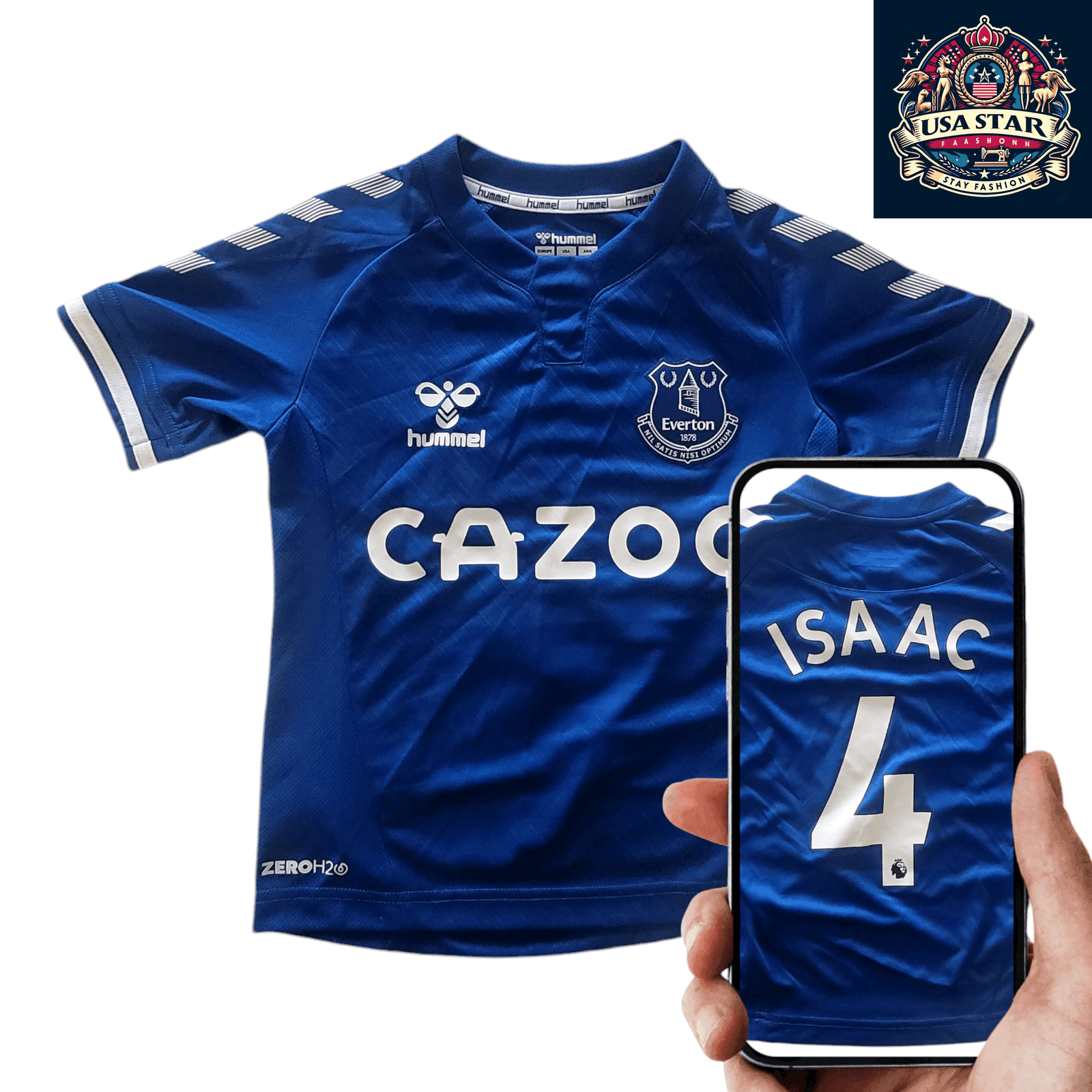 Everton Home Jersey Kids 2021 - 2022, Youth Size 6Y/116cm, Isaac 4, Cazoo Sponsored, Hummel Design - USASTARFASHION