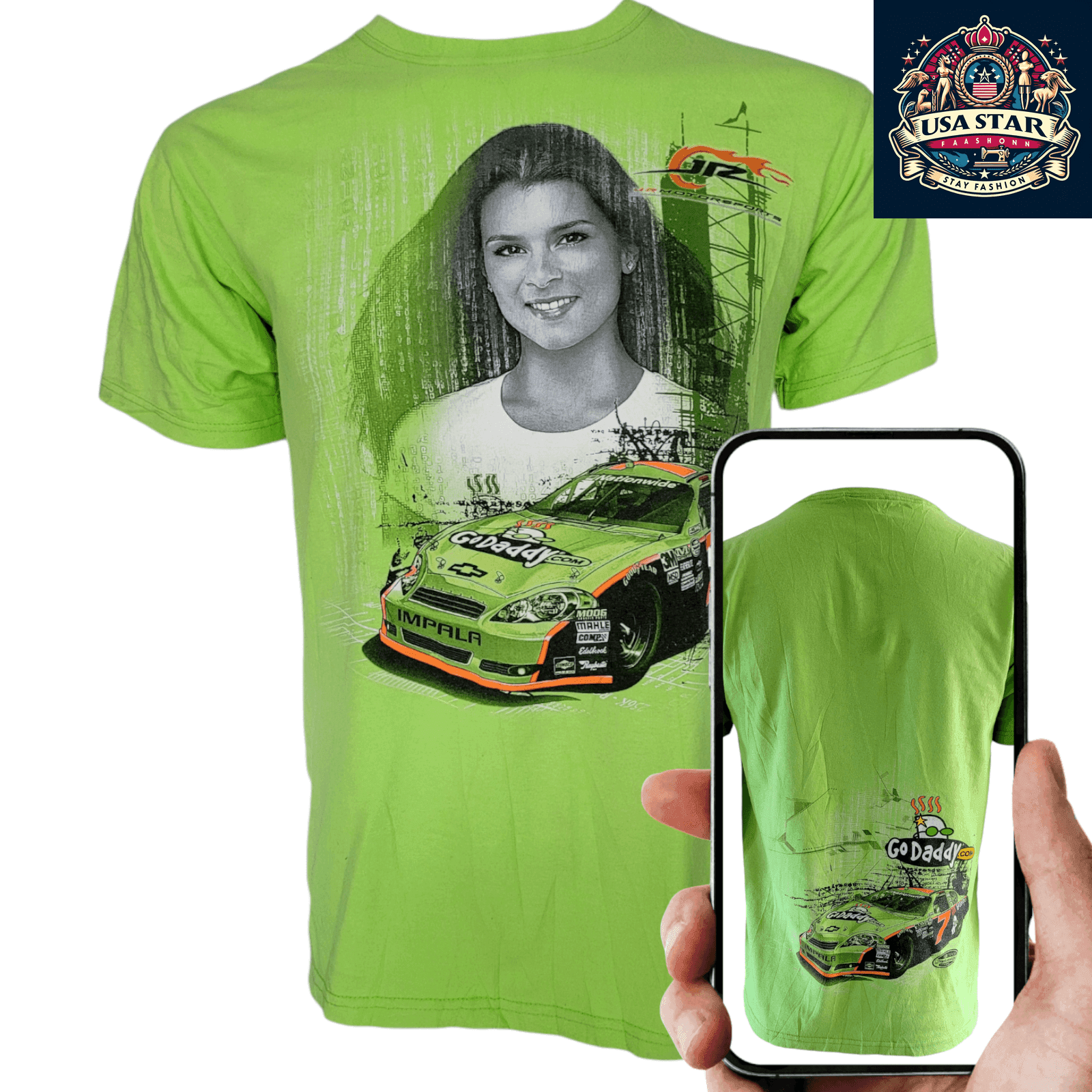 Danica Patrick T-Shirt - Chase Authentics GoDaddy Racing Apparel M Green 100% Pre - Shrunk Cotton - USASTARFASHION