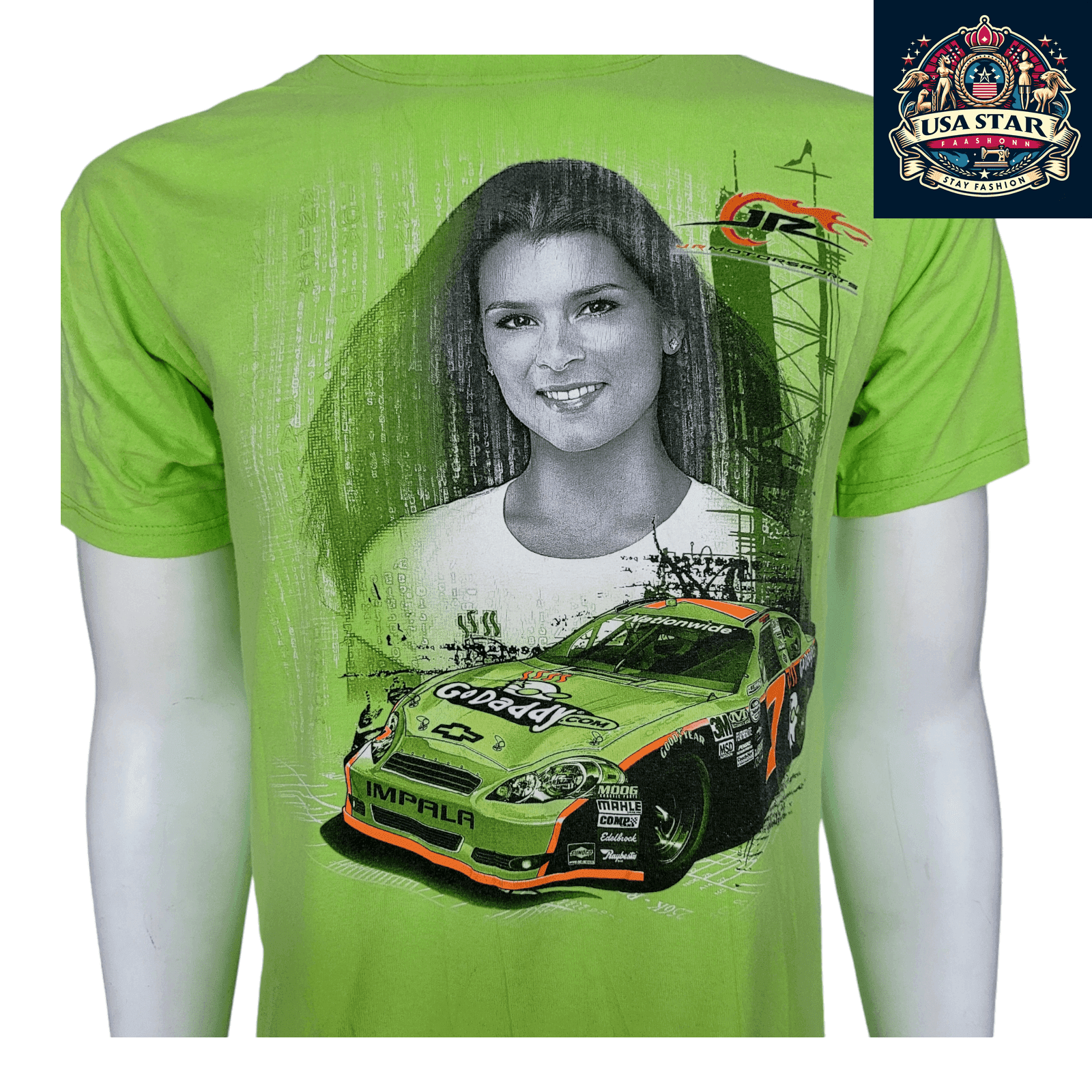 Danica Patrick T-Shirt - Chase Authentics GoDaddy Racing Apparel M Green 100% Pre - Shrunk Cotton - USASTARFASHION