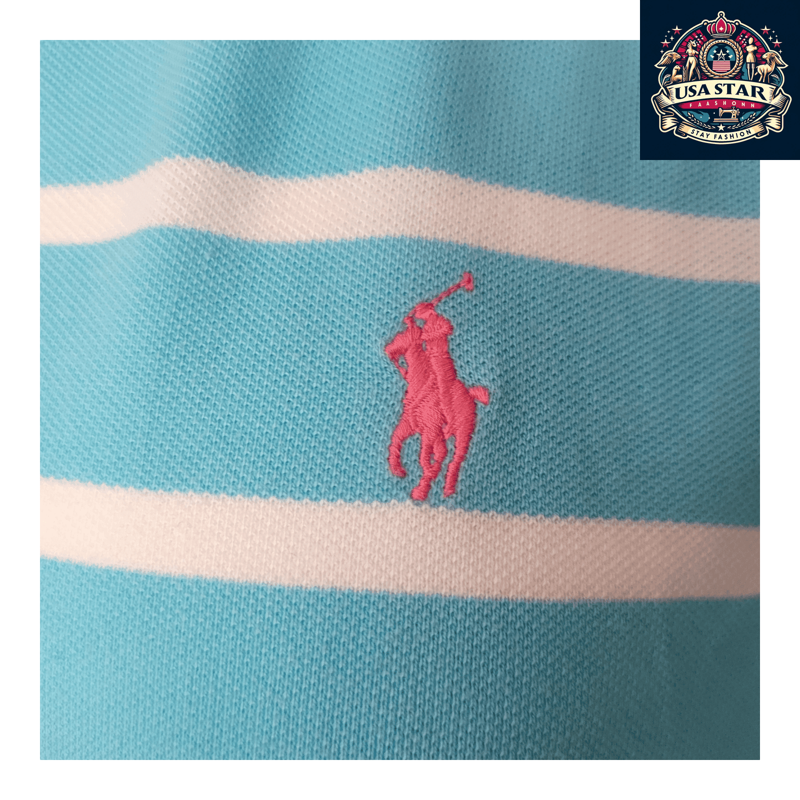 Ralph Lauren Polo Shirt Light Blue/White Stripes Size LG, 100% Cotton Classic Comfort - USASTARFASHION