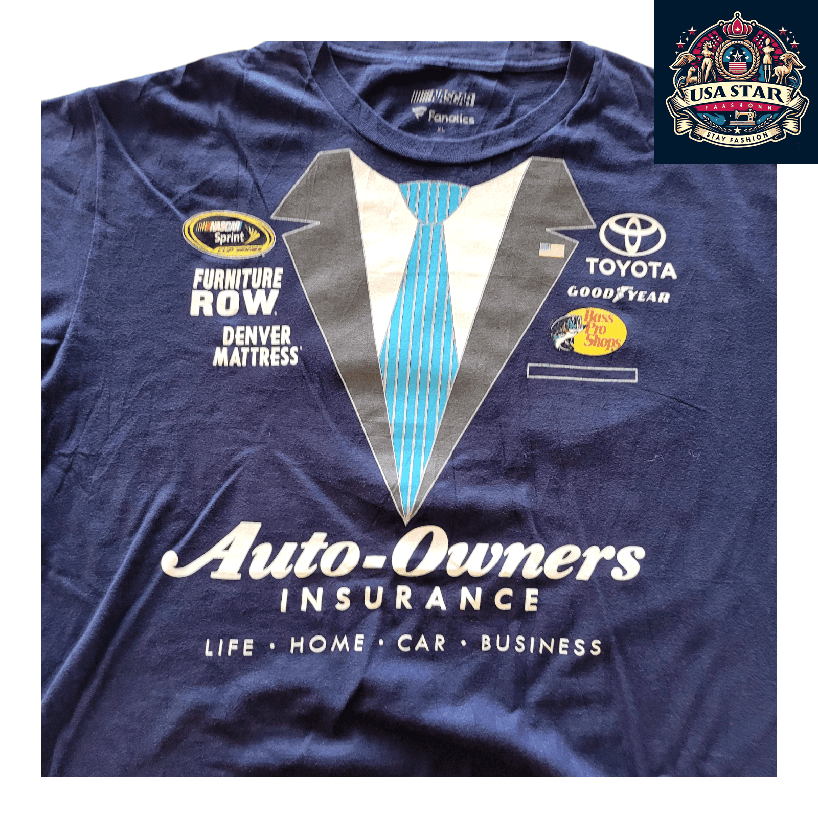 NASCAR T-Shirt for Men by Fanatics, 100% Cotton, Classic Crew Neck, XL, Auto - Owners Insurance Design - USASTARFASHION