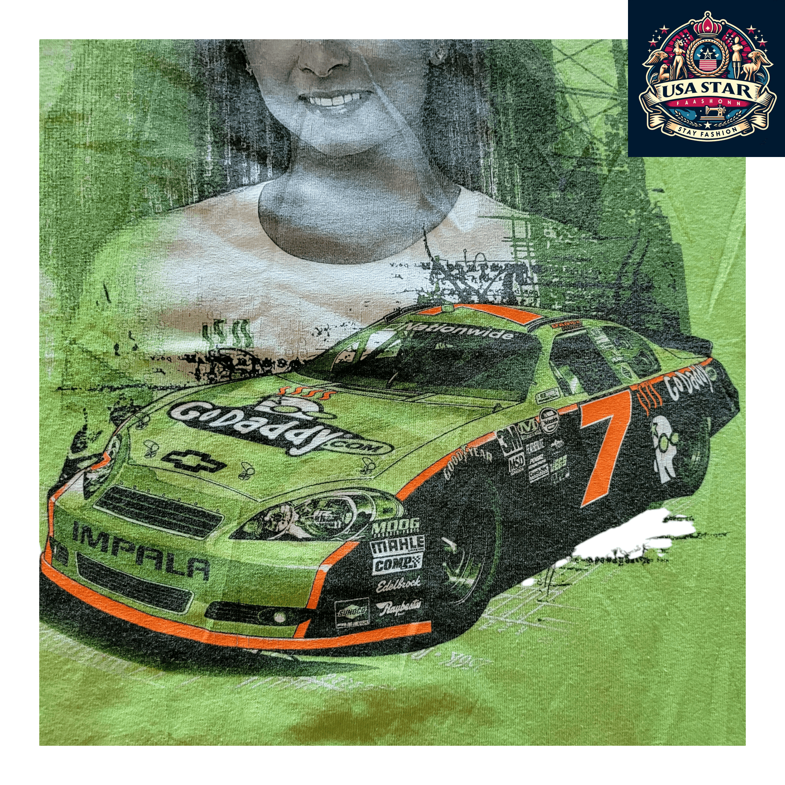 Danica Patrick T-Shirt - Chase Authentics GoDaddy Racing Apparel M Green 100% Pre - Shrunk Cotton - USASTARFASHION