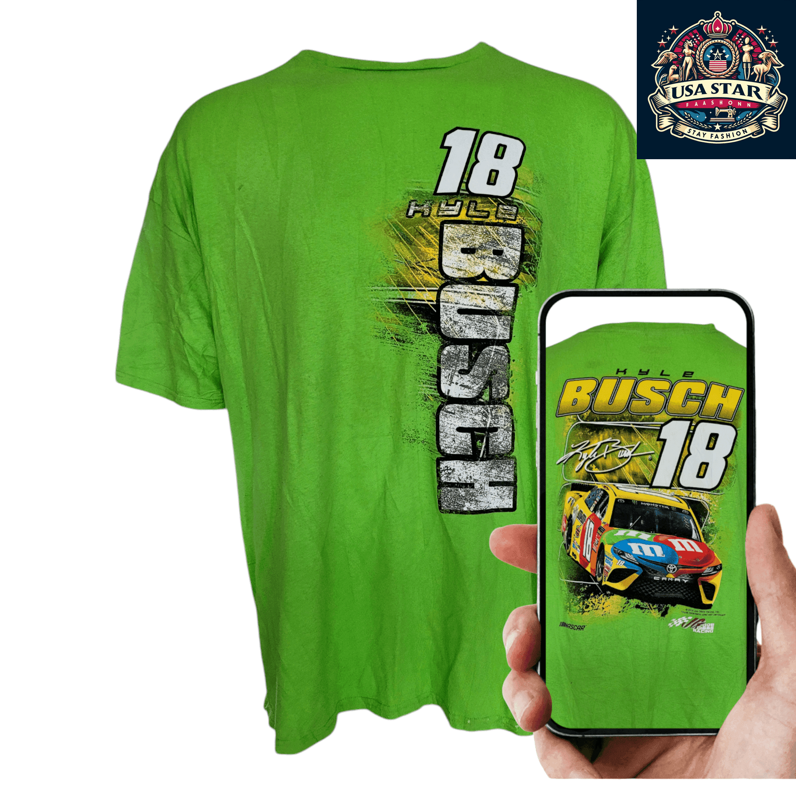 Kyle Busch T-Shirt 18 M&M's Vintage Racing Tee 3XL Green Joe Gibbs Racing Fan Style - USASTARFASHION