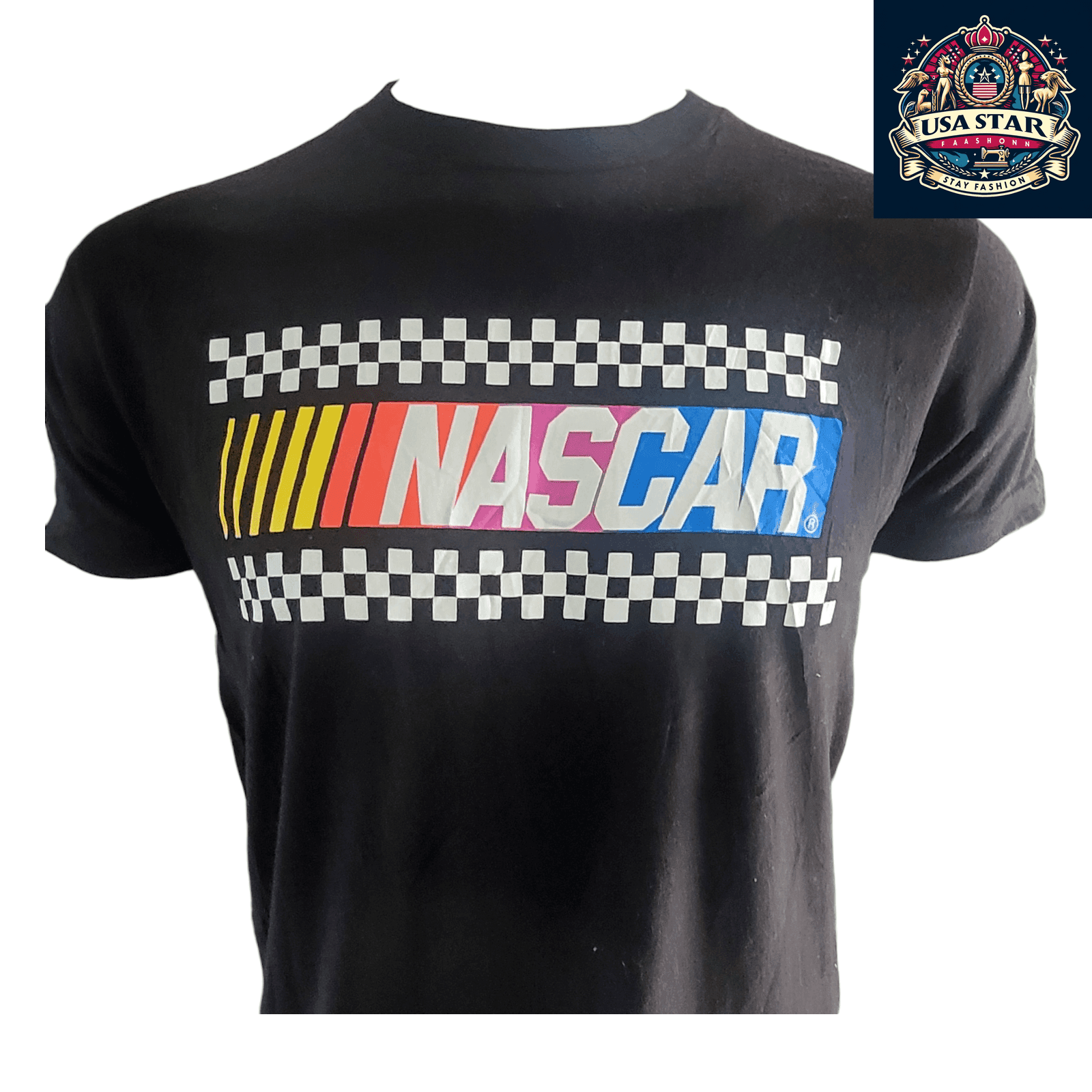 NASCAR T-Shirt for Men, Short Sleeve Black Checkered Flag Design, Authentic Racing Apparel, Size M - USASTARFASHION