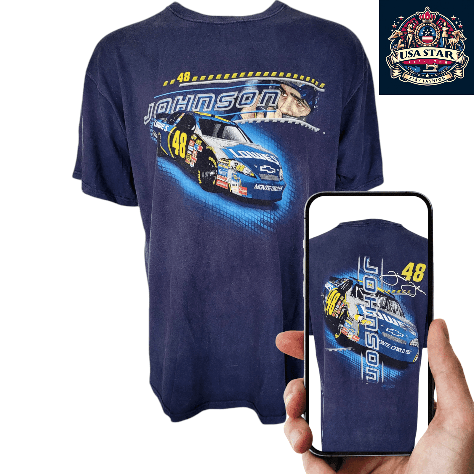 Jimmie Johnson T-Shirt XL by Chase Authentics - Black Cotton with 48 Lowe's Chevy Logo - USASTARFASHION