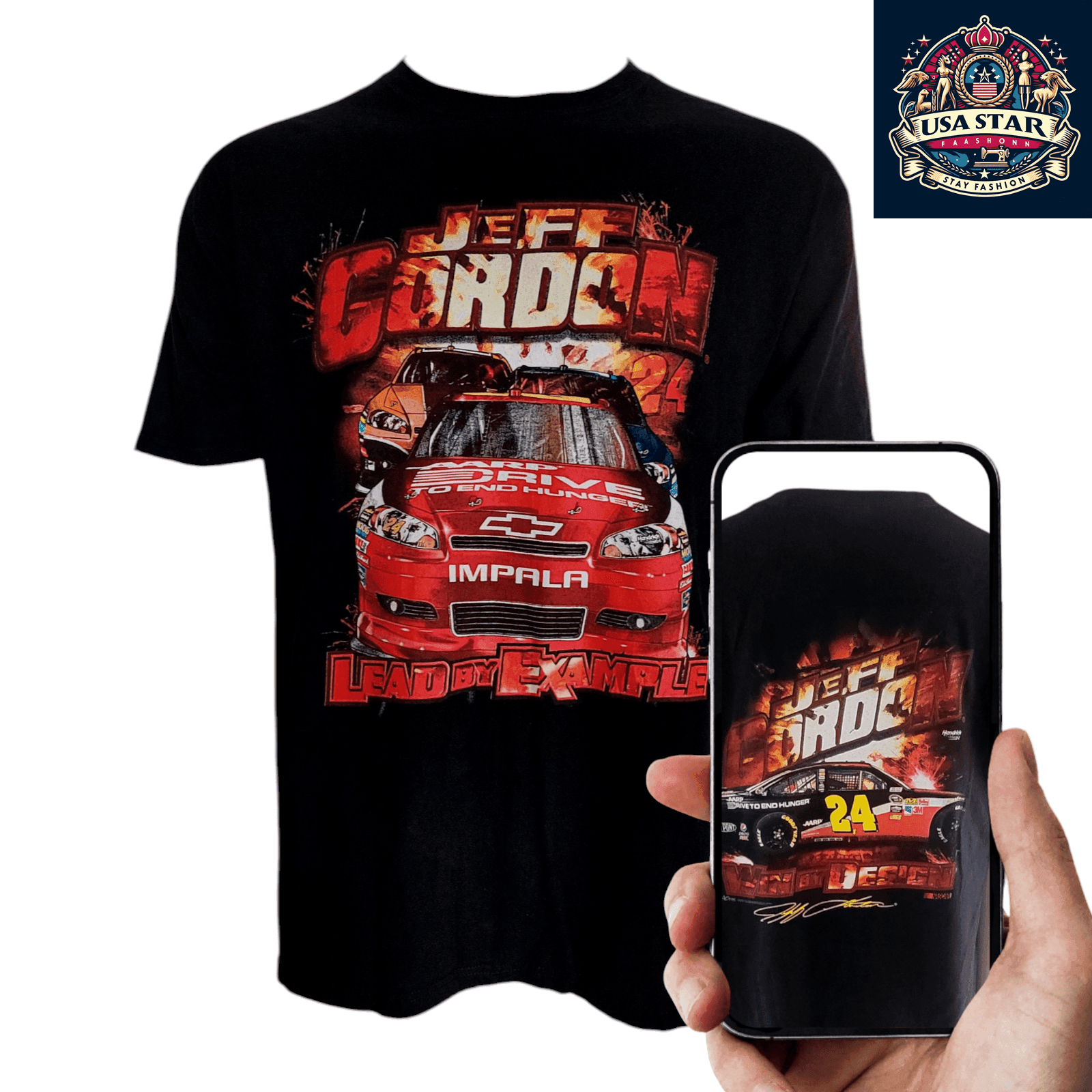 Jeff Gordon NASCAR T-Shirt XL - Chase Authentics 24 Chevy Impala Lead By Example Design - USASTARFASHION