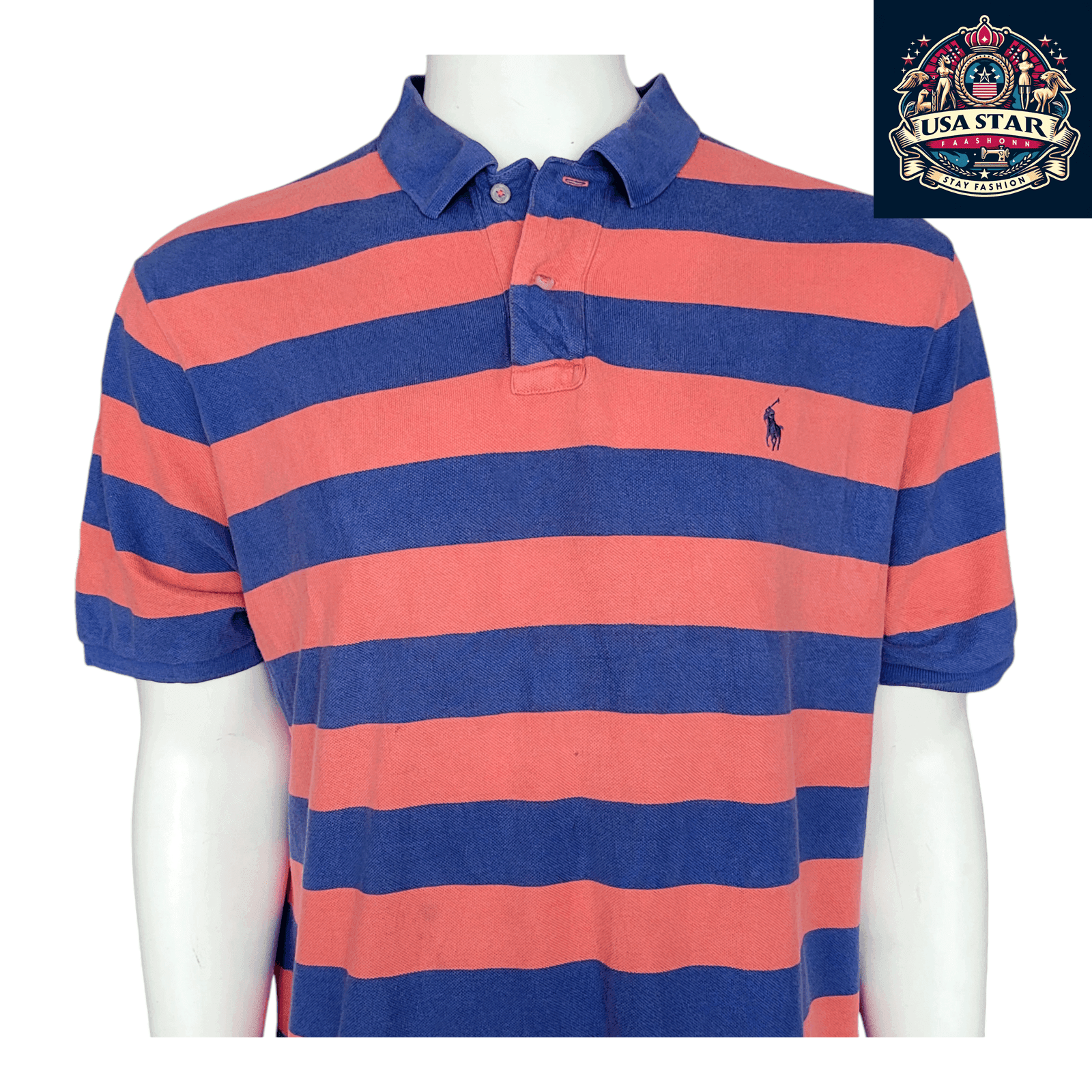 Ralph Lauren Polo Shirt XL Orange & Blue Striped Classic Fit for Casual Style and Comfort - USASTARFASHION