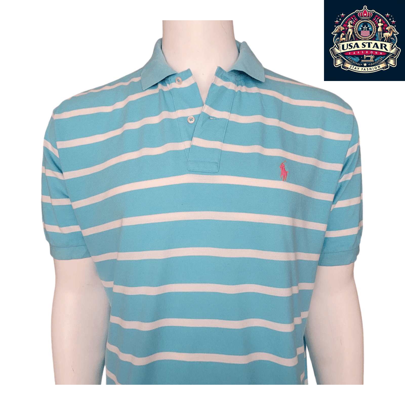 Ralph Lauren Polo Shirt Light Blue/White Stripes Size LG, 100% Cotton Classic Comfort - USASTARFASHION