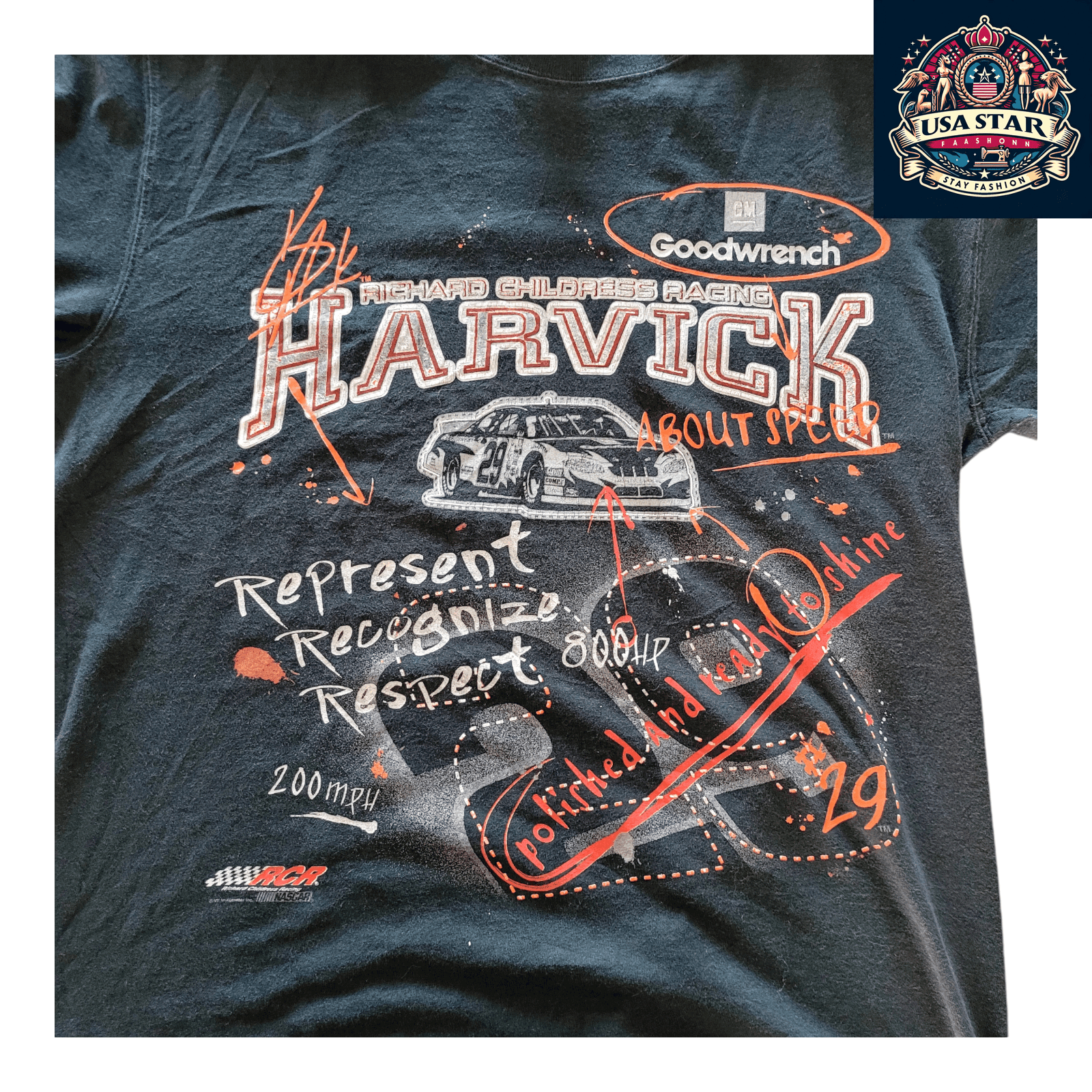 Kevin Harvick T-Shirt 29 Goodwrench Racing - Black, Size M, Official NASCAR Merchandise, Comfortable Fit - USASTARFASHION