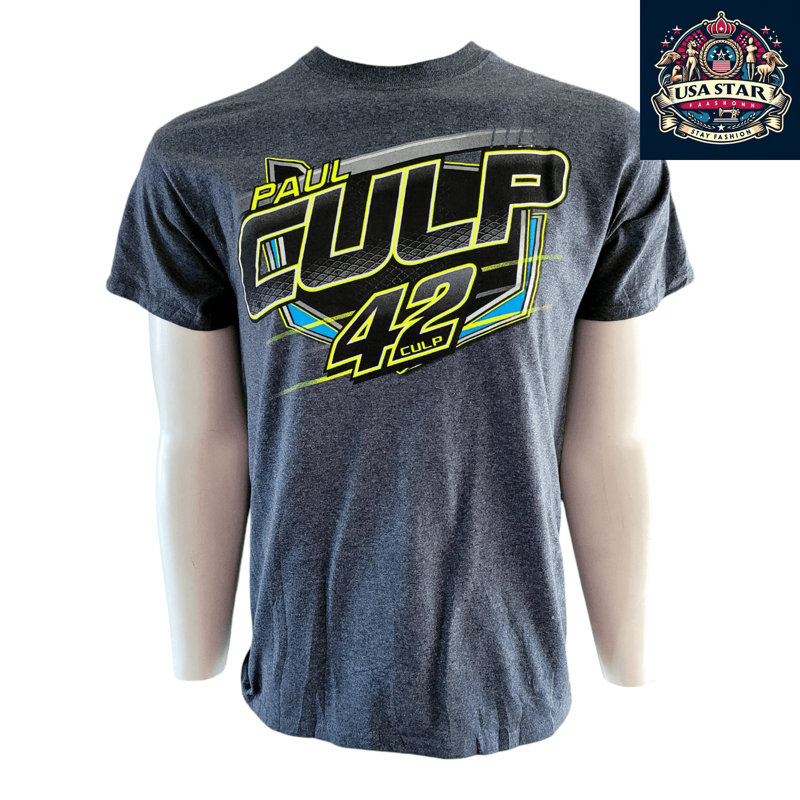 Paul Culp Racing T-Shirt 42 Graphic Tee in Dark Gray, Gildan Fabric, Casual Motorsports Wear, Medium - USASTARFASHION