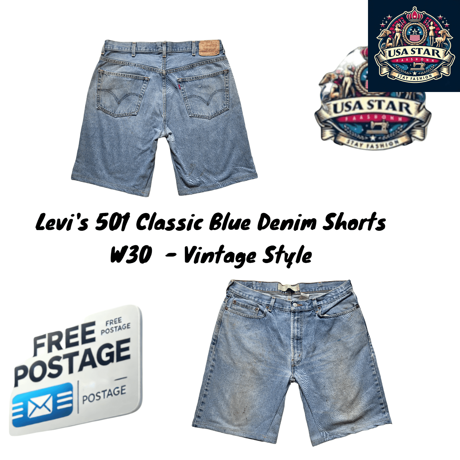 Levi's 501 Denim Shorts W30 L30 - Vintage Blue Five - Pocket Design with Adjustable Waistband - USASTARFASHION