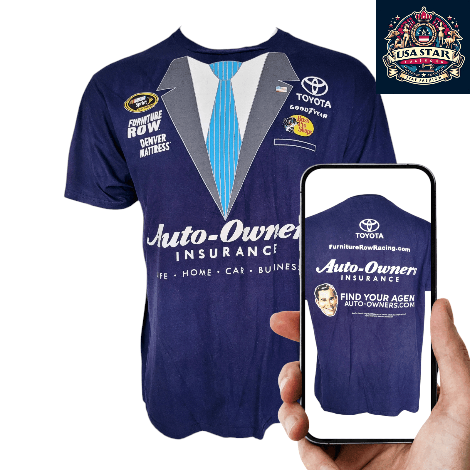 NASCAR T-Shirt for Men by Fanatics, 100% Cotton, Classic Crew Neck, XL, Auto - Owners Insurance Design - USASTARFASHION