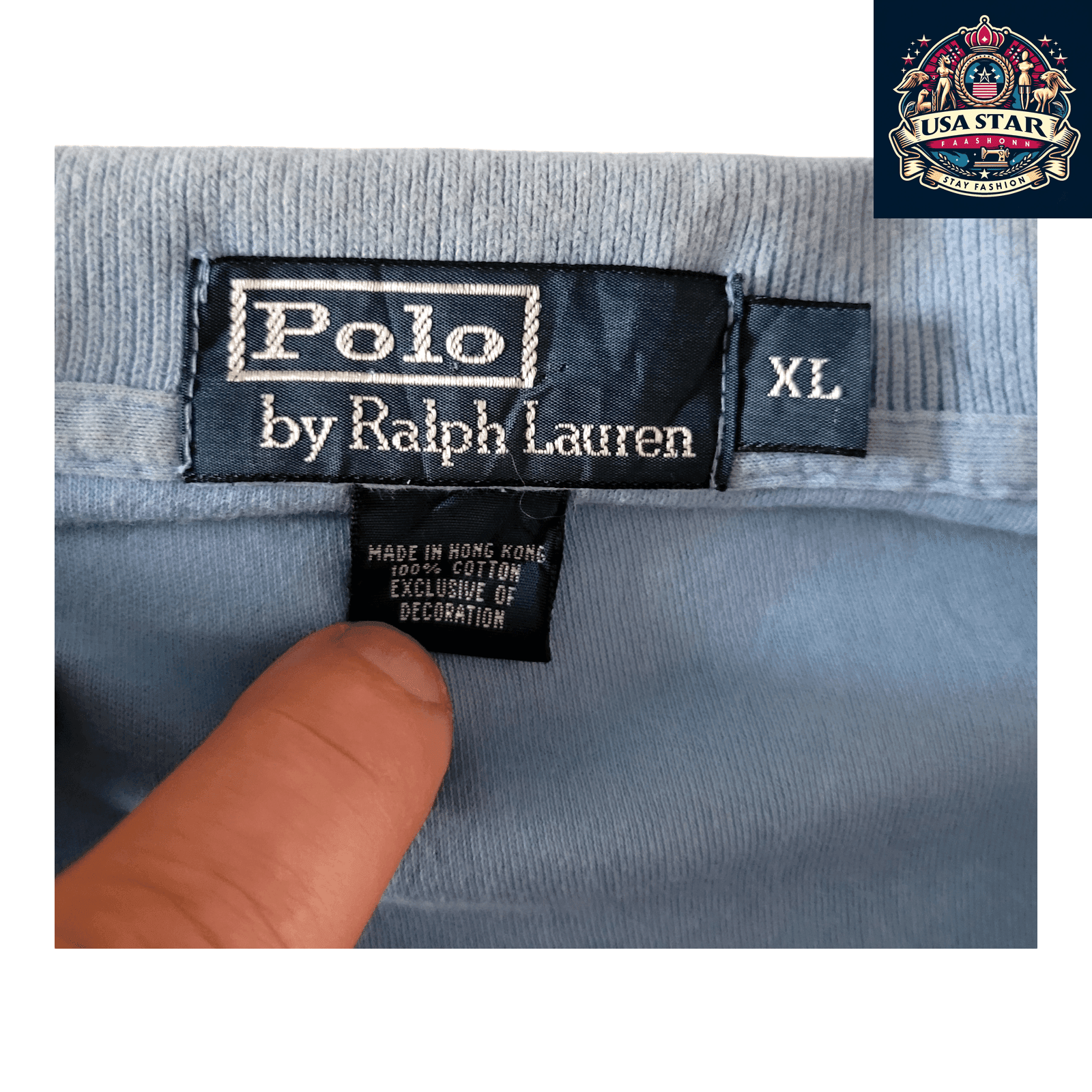 Ralph Lauren Polo Shirt Light Blue with White Stripes, Short Sleeve, Size L, 100% Cotton Classic Fit - USASTARFASHION