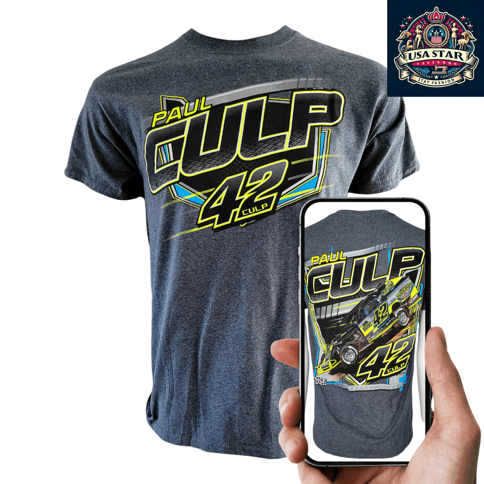 Paul Culp Racing T-Shirt 42 Graphic Tee in Dark Gray, Gildan Fabric, Casual Motorsports Wear, Medium - USASTARFASHION