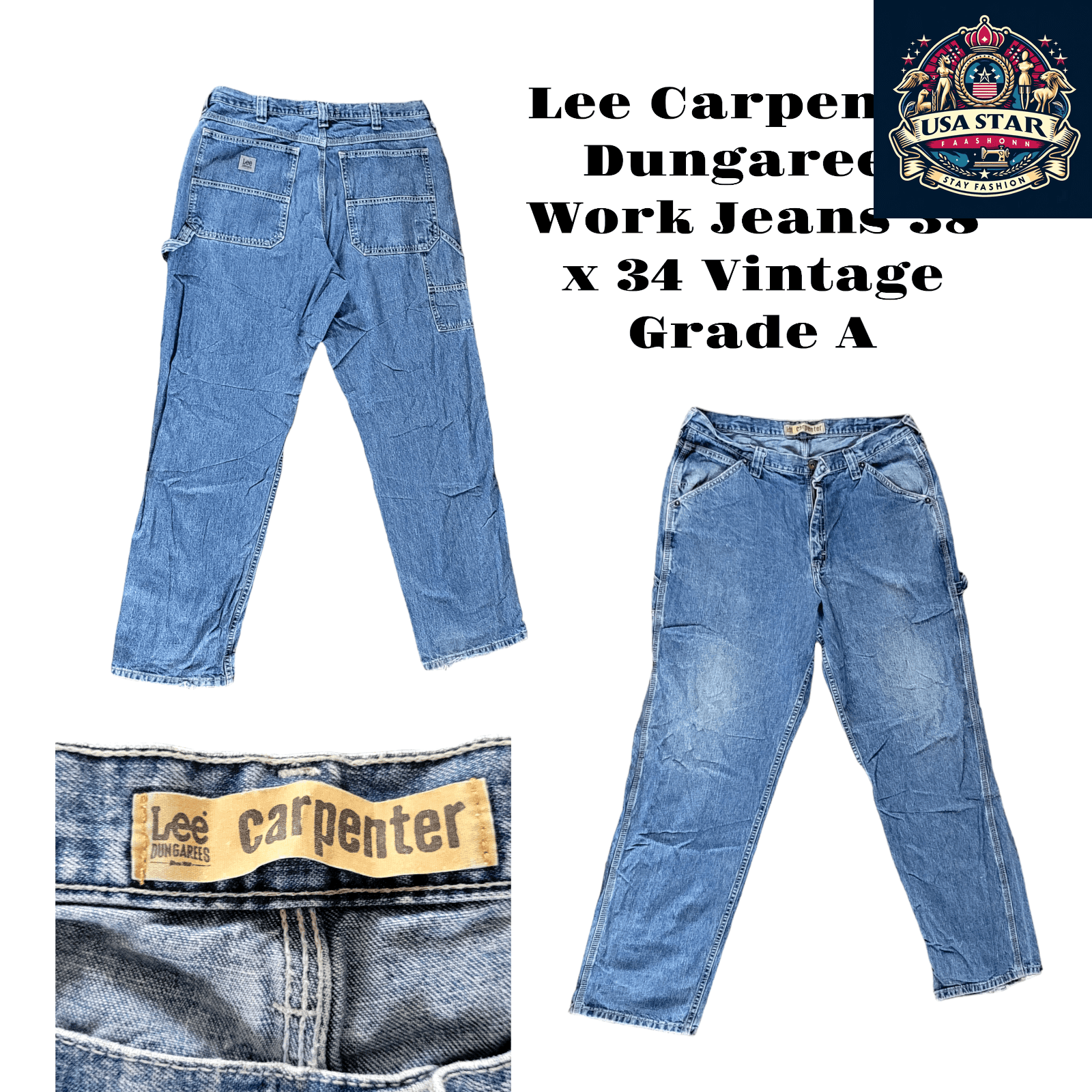 Lee Carpenter Dungarees Work Jeans 38 x 34 Vintage Grade A, Durable Fabric, Classic Utility Design - USASTARFASHION