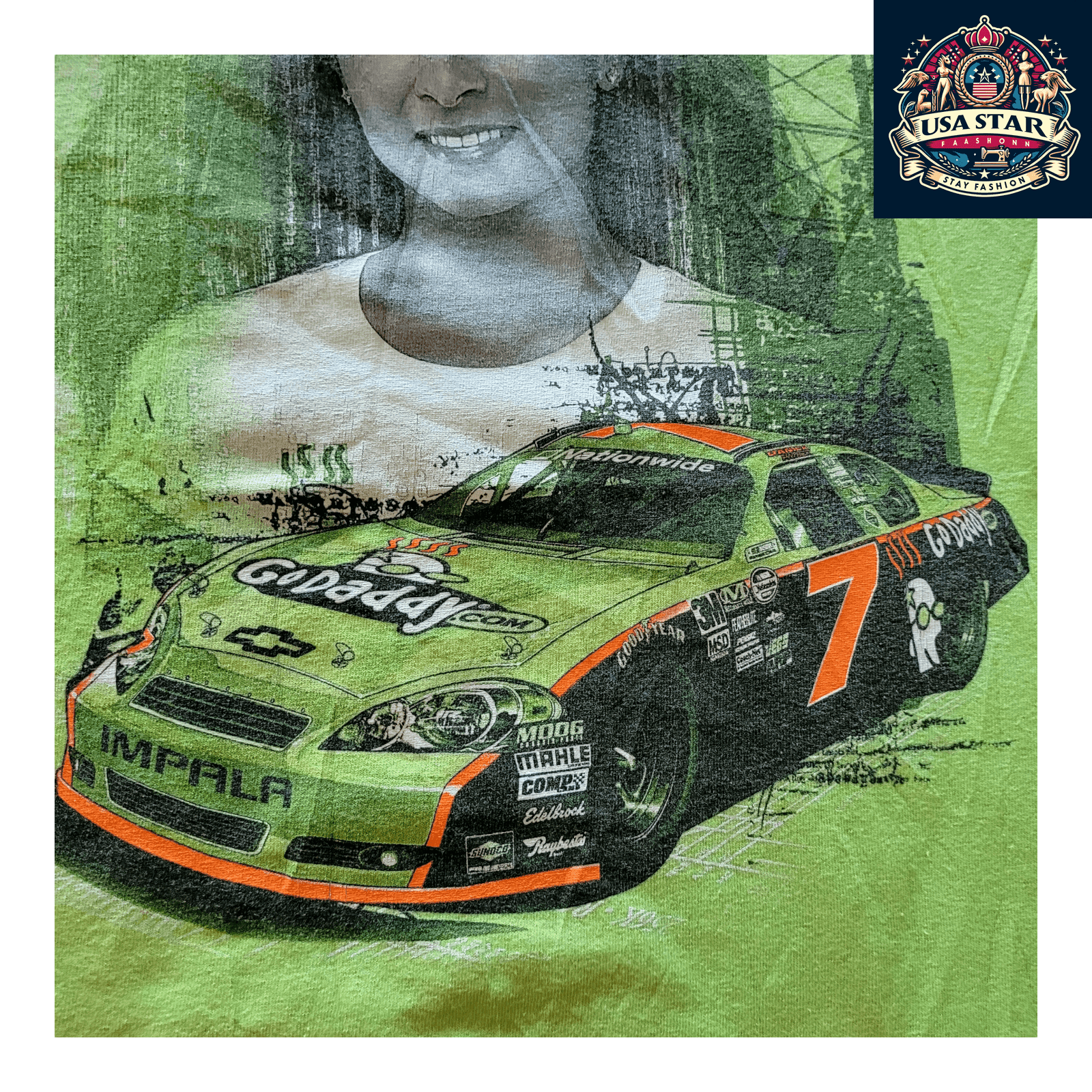 Danica Patrick T-Shirt - Chase Authentics GoDaddy Racing Apparel M Green 100% Pre - Shrunk Cotton - USASTARFASHION