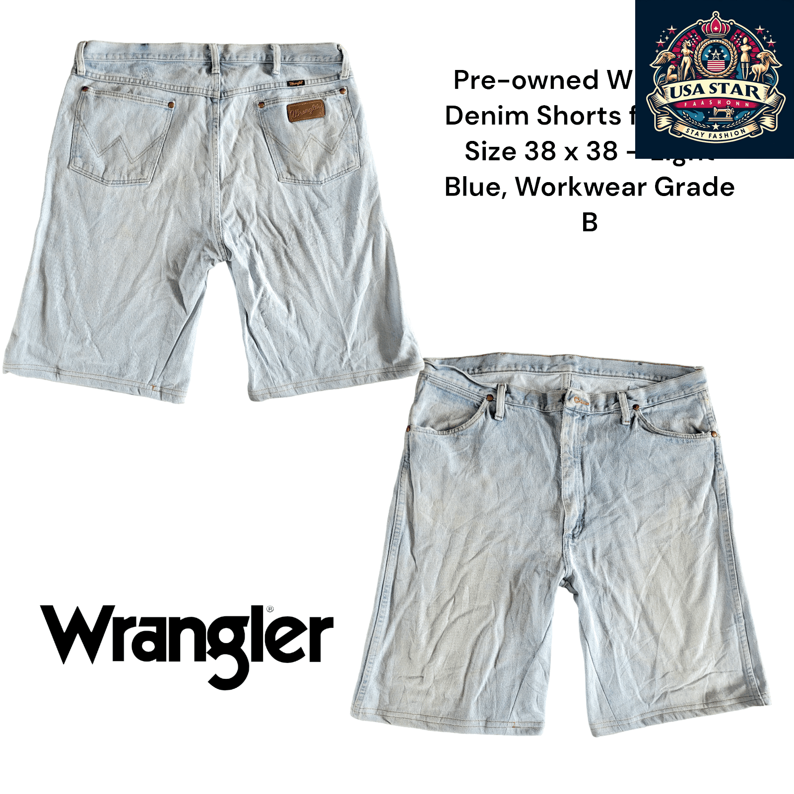 Men's Wrangler Shorts, Pre - Owned Light Blue Denim, Size 38 x 38, Durable Workwear Casual Style - USASTARFASHION