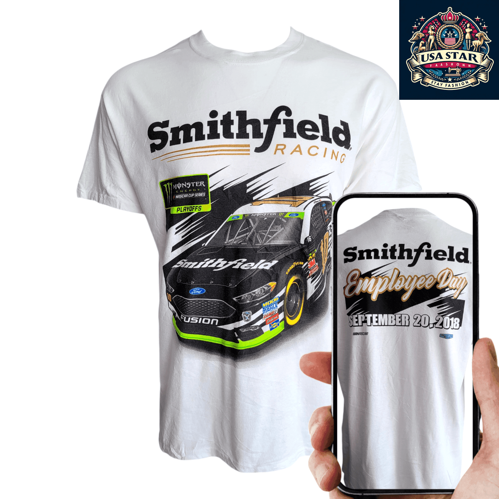 Smithfield Racing T-Shirt 2018 NASCAR Employee Day L 100% Cotton Stewart - Haas Racing Design - USASTARFASHION