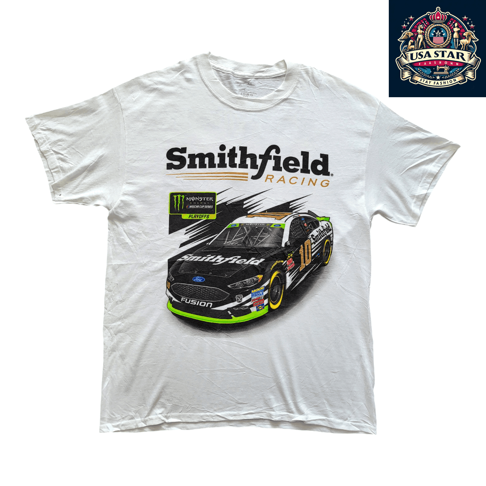 Smithfield Racing T-Shirt 2018 NASCAR Employee Day L 100% Cotton Stewart - Haas Racing Design - USASTARFASHION