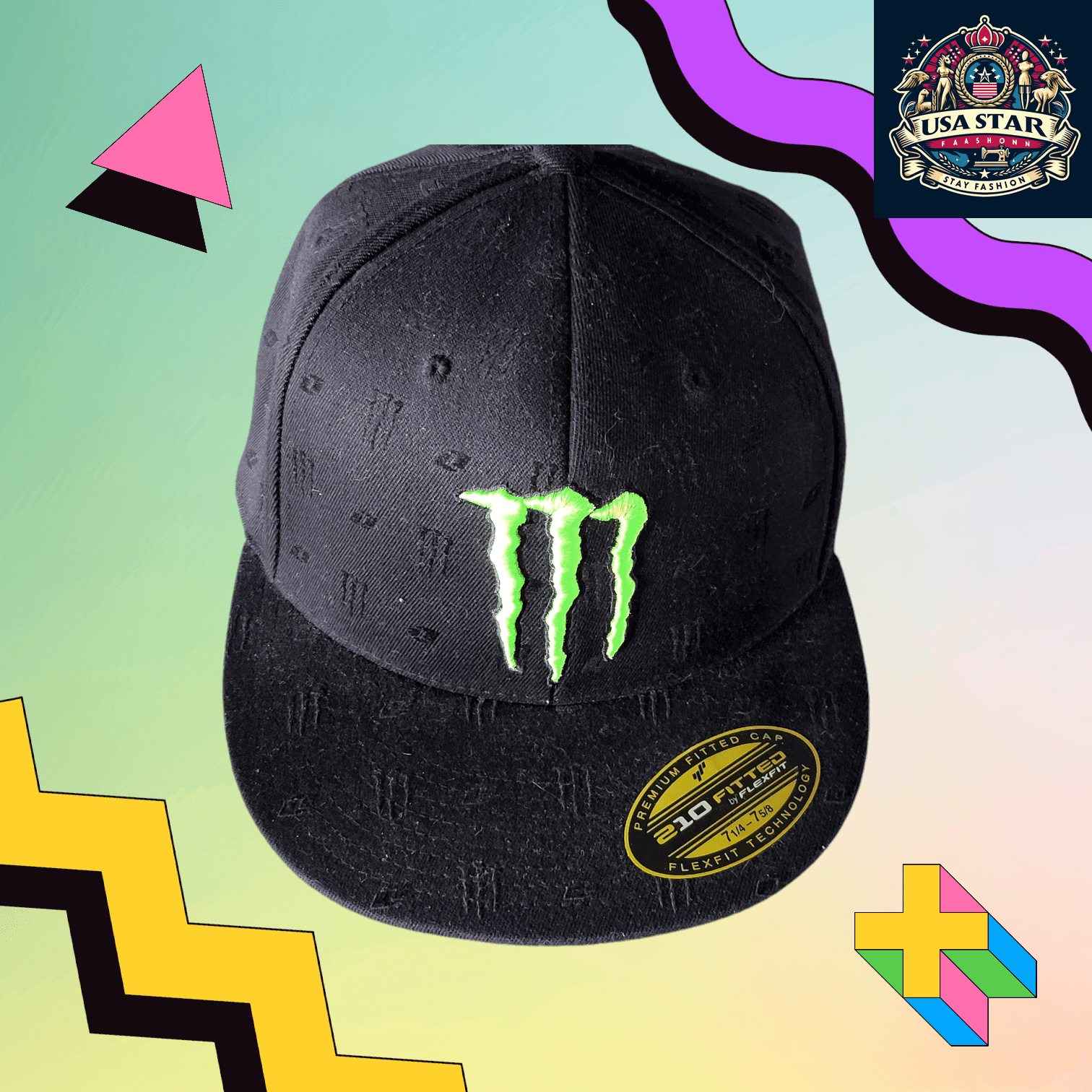 Monster Energy Flexfit Hat 210 Fitted - Comfortable Breathable Fabric, Size 7 1/4-7 5/8 - USASTARFASHION
