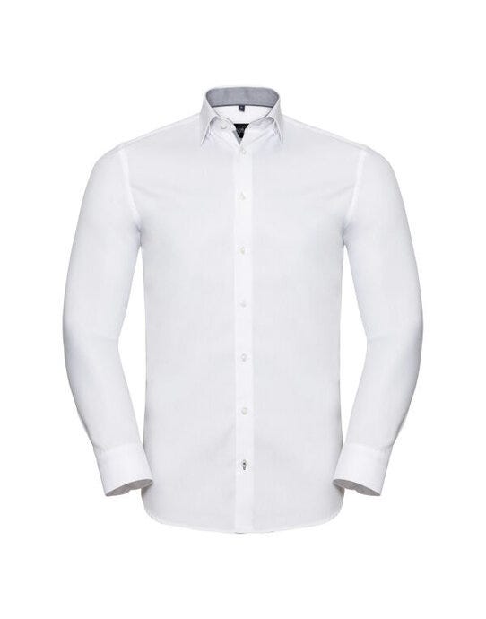 Russell Athletic Collection R964MC Russell Mens L/S Contrast H'Bone Shirt - White/Silver/Convoy Grey