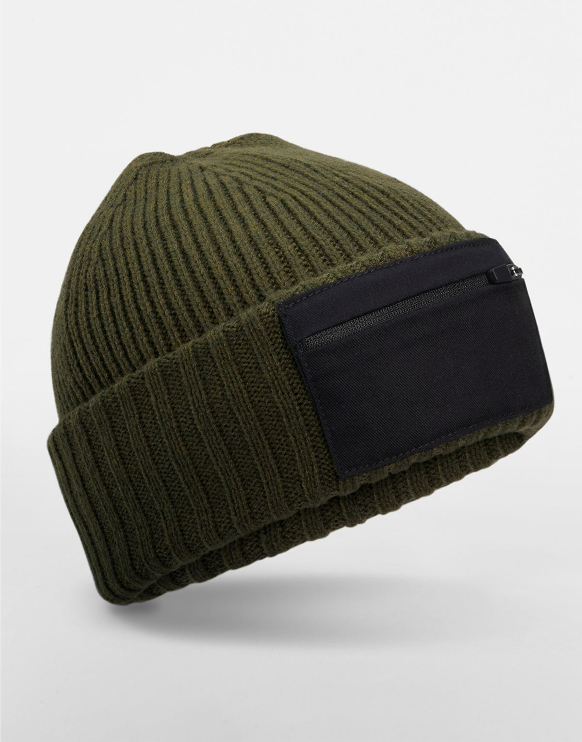 Beechfield B334R Zip Patch Beanie - Military Green/ Black