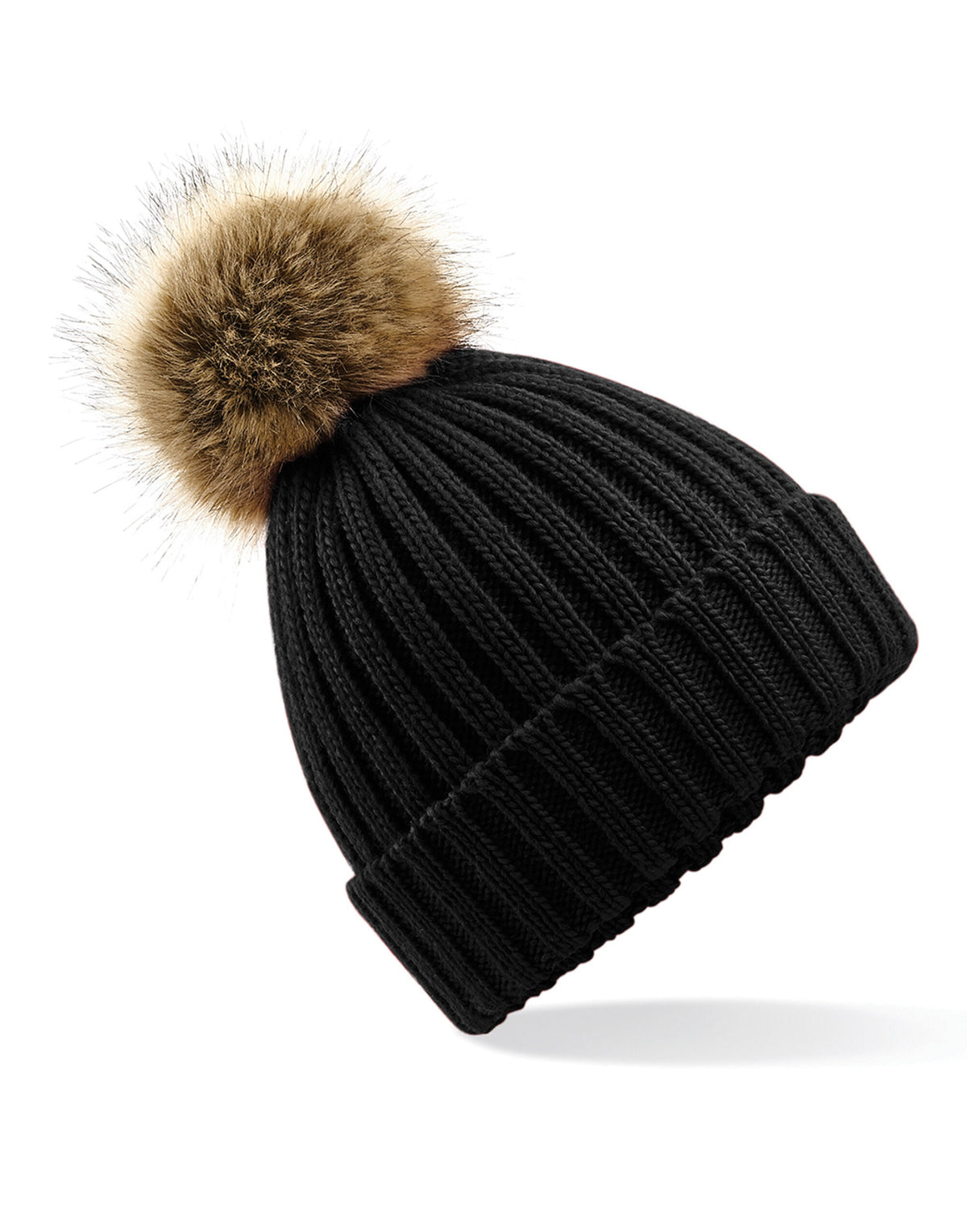 Beechfield B412 Fur Pop Pom Chunky Beanie - Black