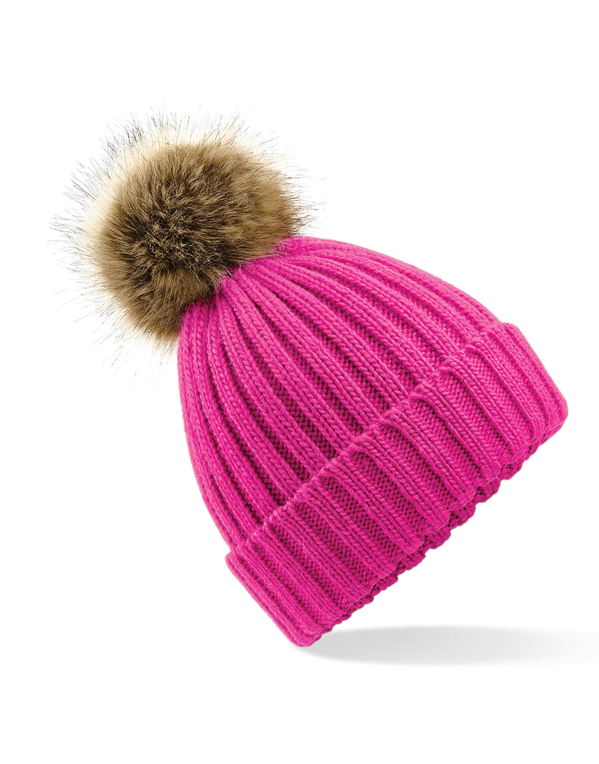 Beechfield B412 Fur Pop Pom Chunky Beanie - Fuchsia