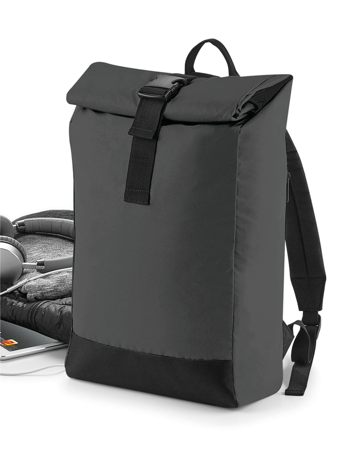 Bagbase BG138 Reflective Roll-Top Backpack - Black/Reflective