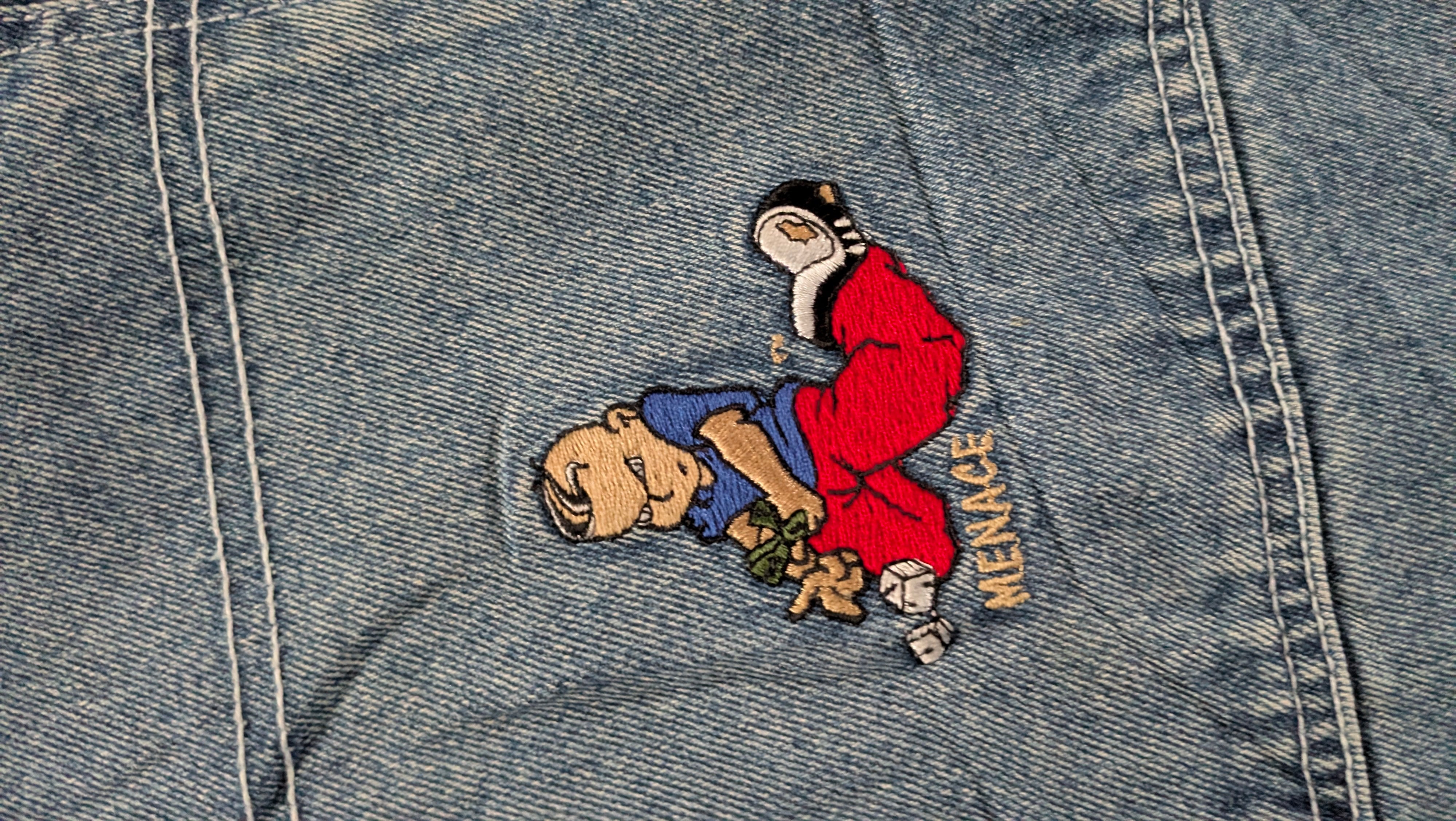 Menace Vintage Jeans W34 L32 Embroidered Patch Baggy Fit USA Made Hip Hop 90s - USASTARFASHION