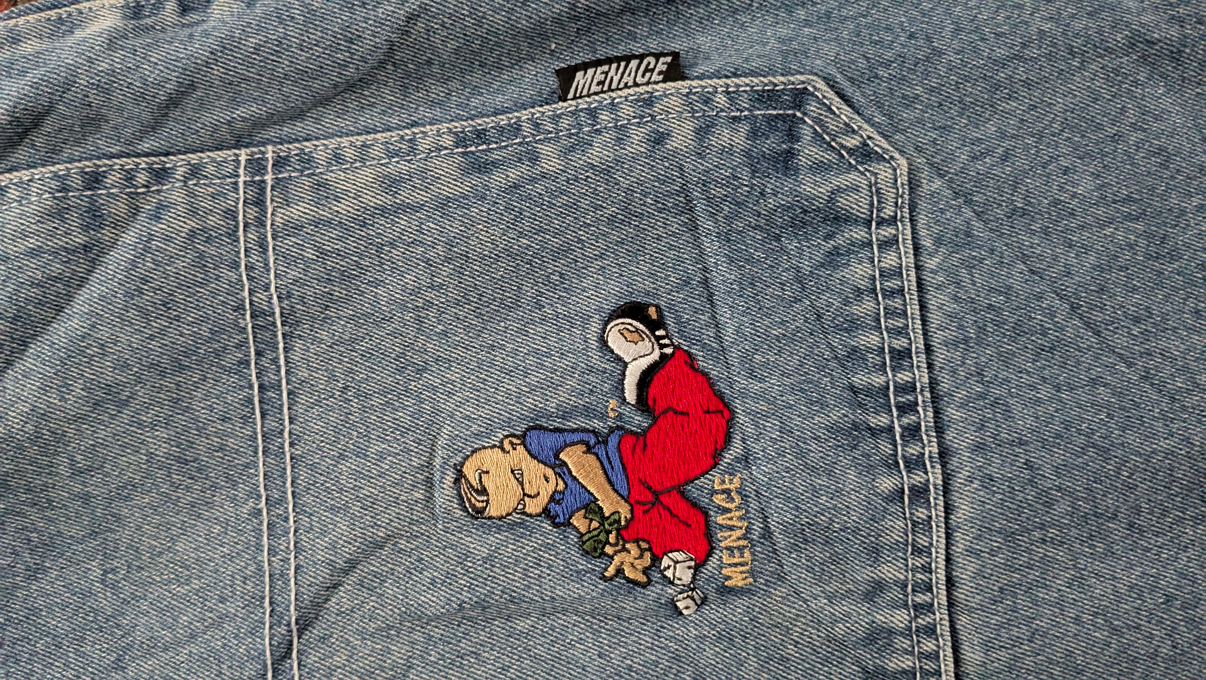 Menace Vintage Jeans W34 L32 Embroidered Patch Baggy Fit USA Made Hip Hop 90s - USASTARFASHION