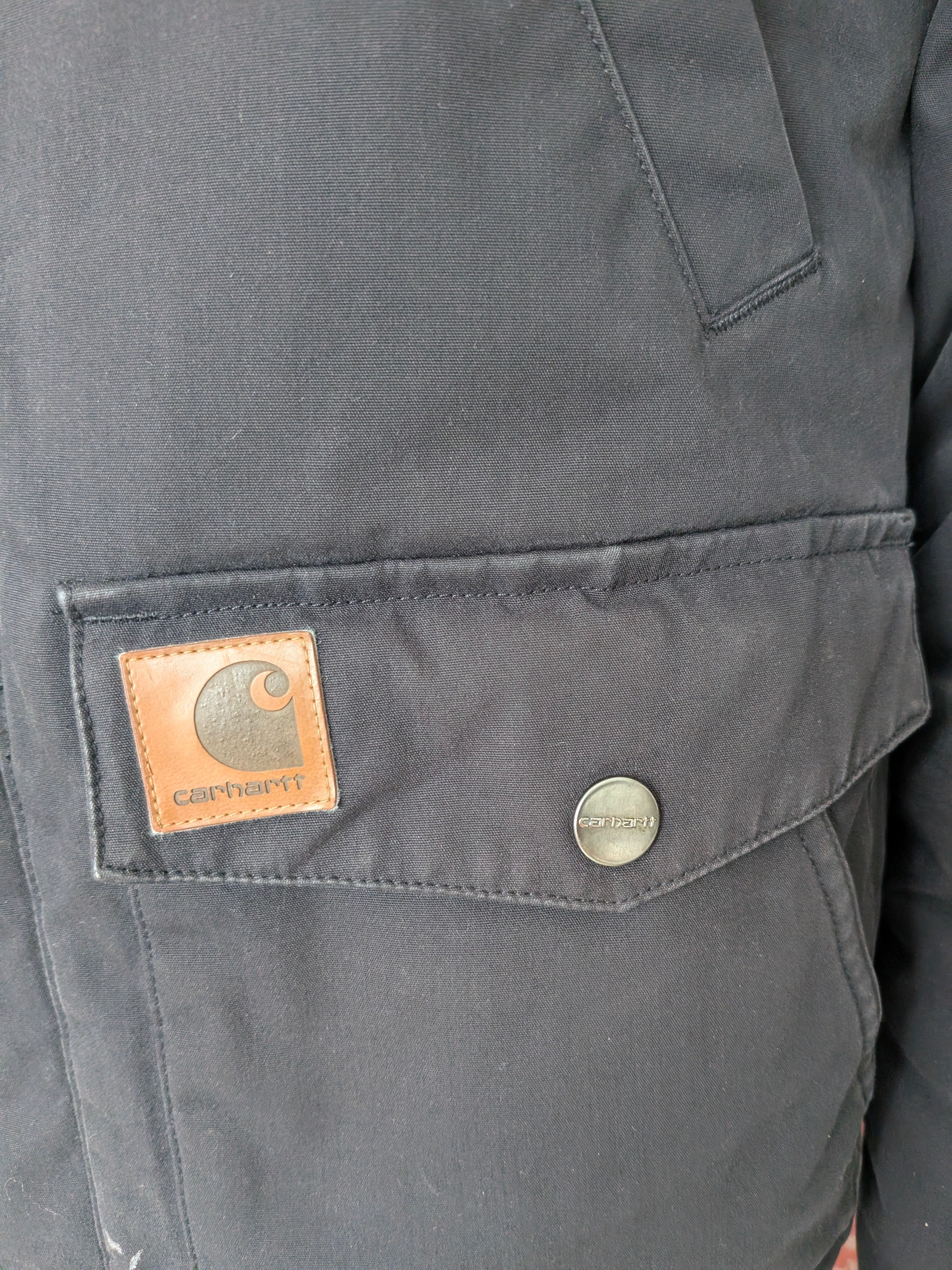 Carhartt WIP Trapper Jacket Black Faux Fur Hood Men’s Size S Small Winter Parka - USASTARFASHION