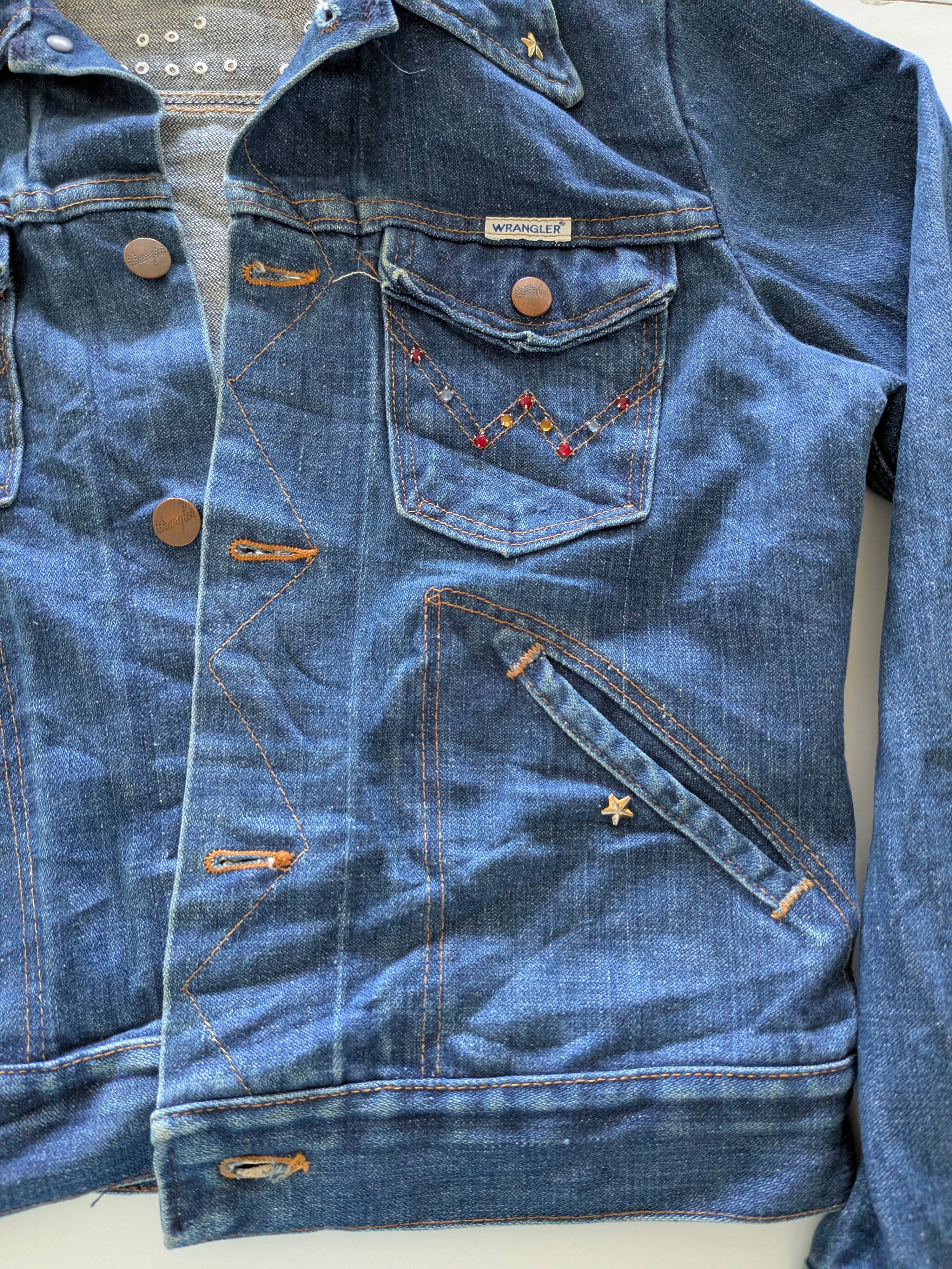 Vintage Wrangler Girls Denim Jacket Kids Large Age 8-10 Embellished Stars Blue - USASTARFASHION