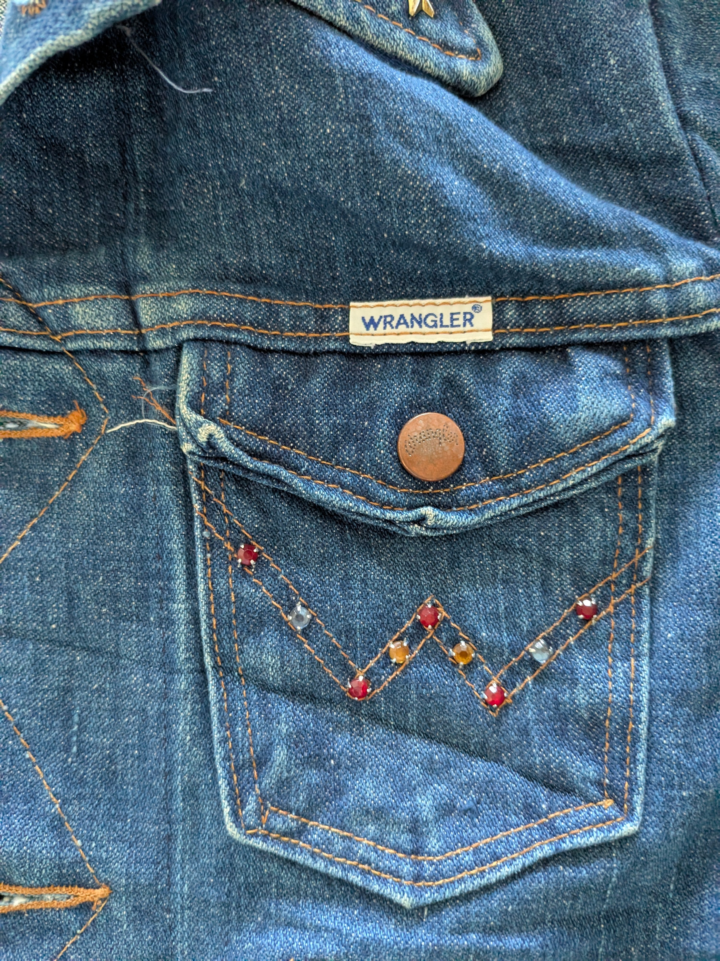 Vintage Wrangler Girls Denim Jacket Kids Large Age 8-10 Embellished Stars Blue - USASTARFASHION