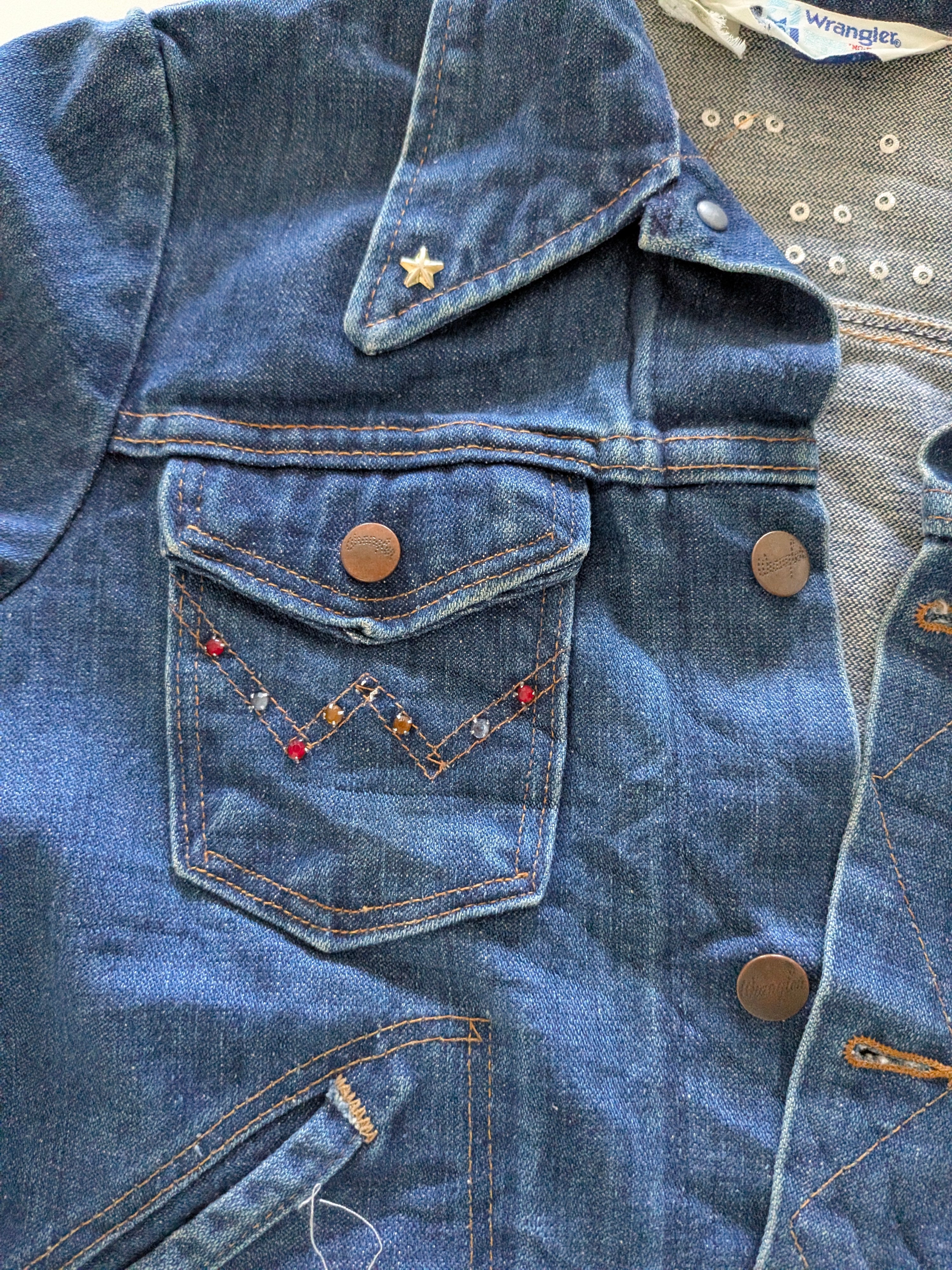 Vintage Wrangler Girls Denim Jacket Kids Large Age 8-10 Embellished Stars Blue - USASTARFASHION