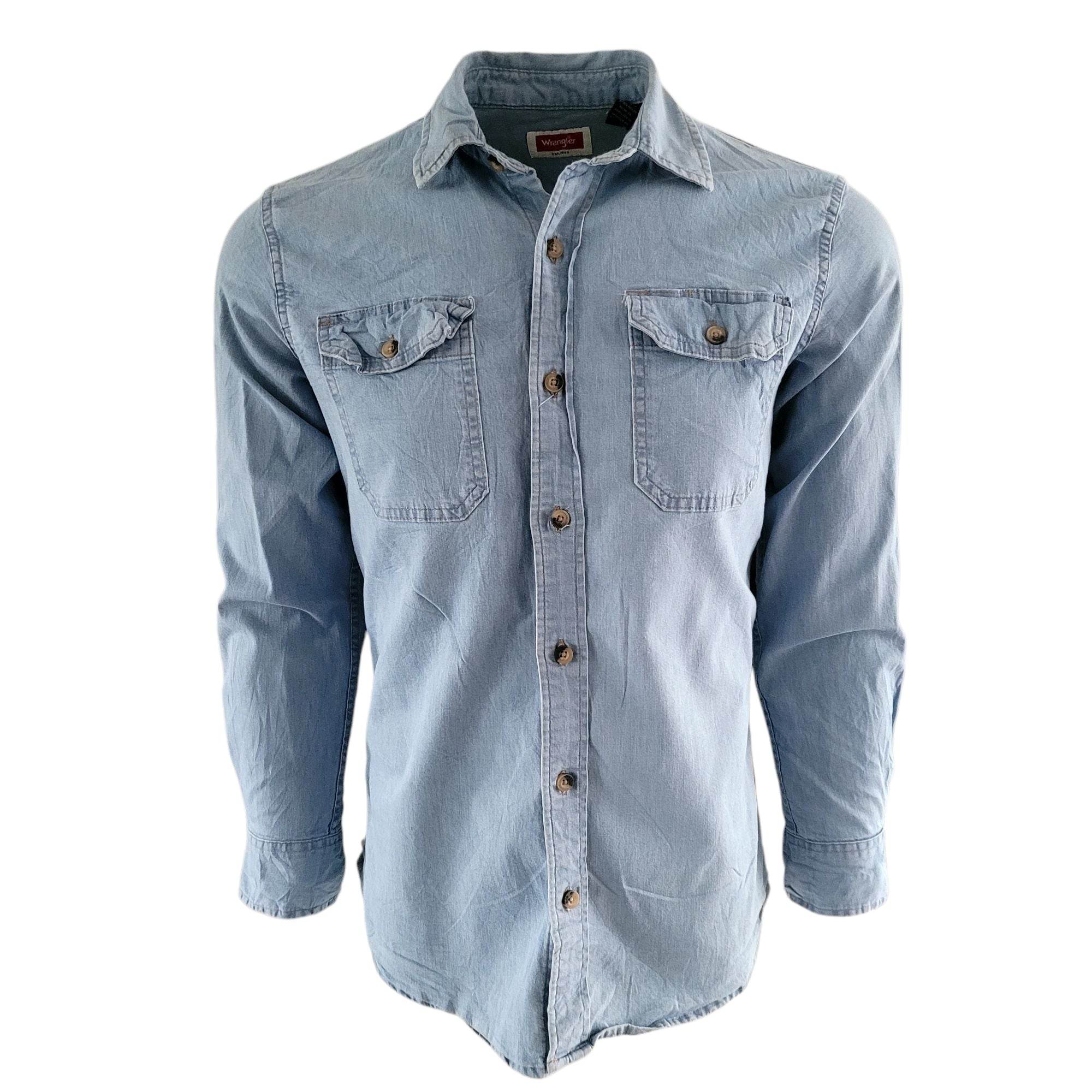Wrangler Western Stretch Denim Shirt – Light Blue, Size S - USASTARFASHION