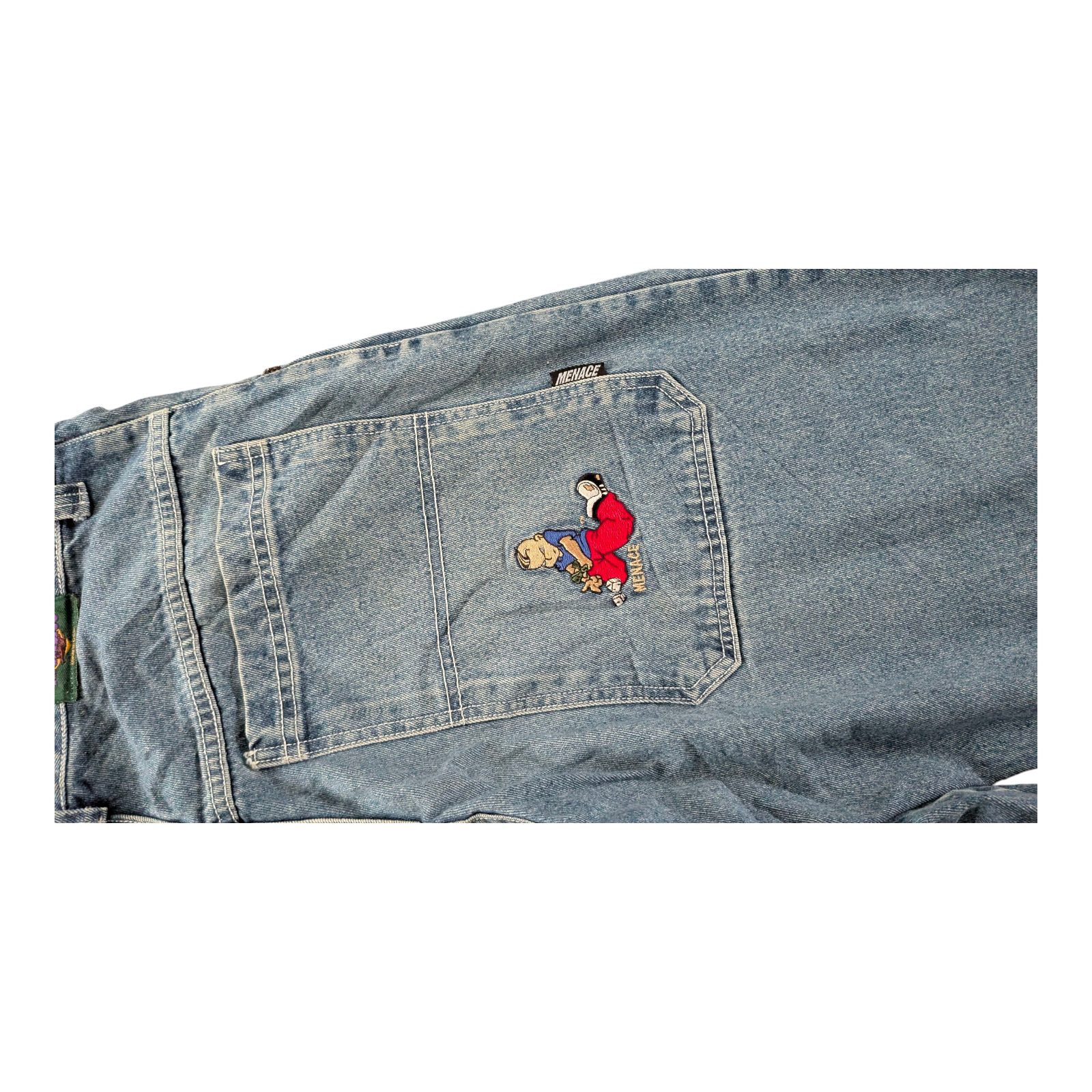 Menace Vintage Jeans W34 L32 Embroidered Patch Baggy Fit USA Made Hip Hop 90s - USASTARFASHION