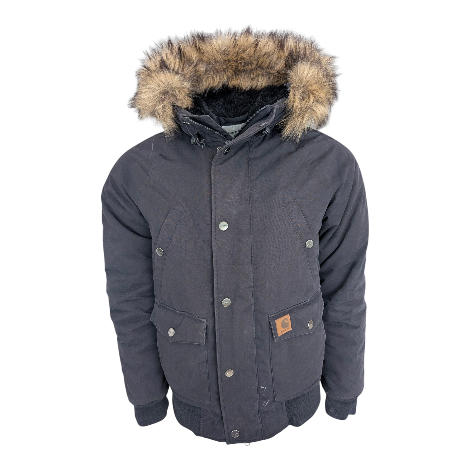 Carhartt WIP Trapper Jacket Black Faux Fur Hood Men’s Size S Small Winter Parka - USASTARFASHION